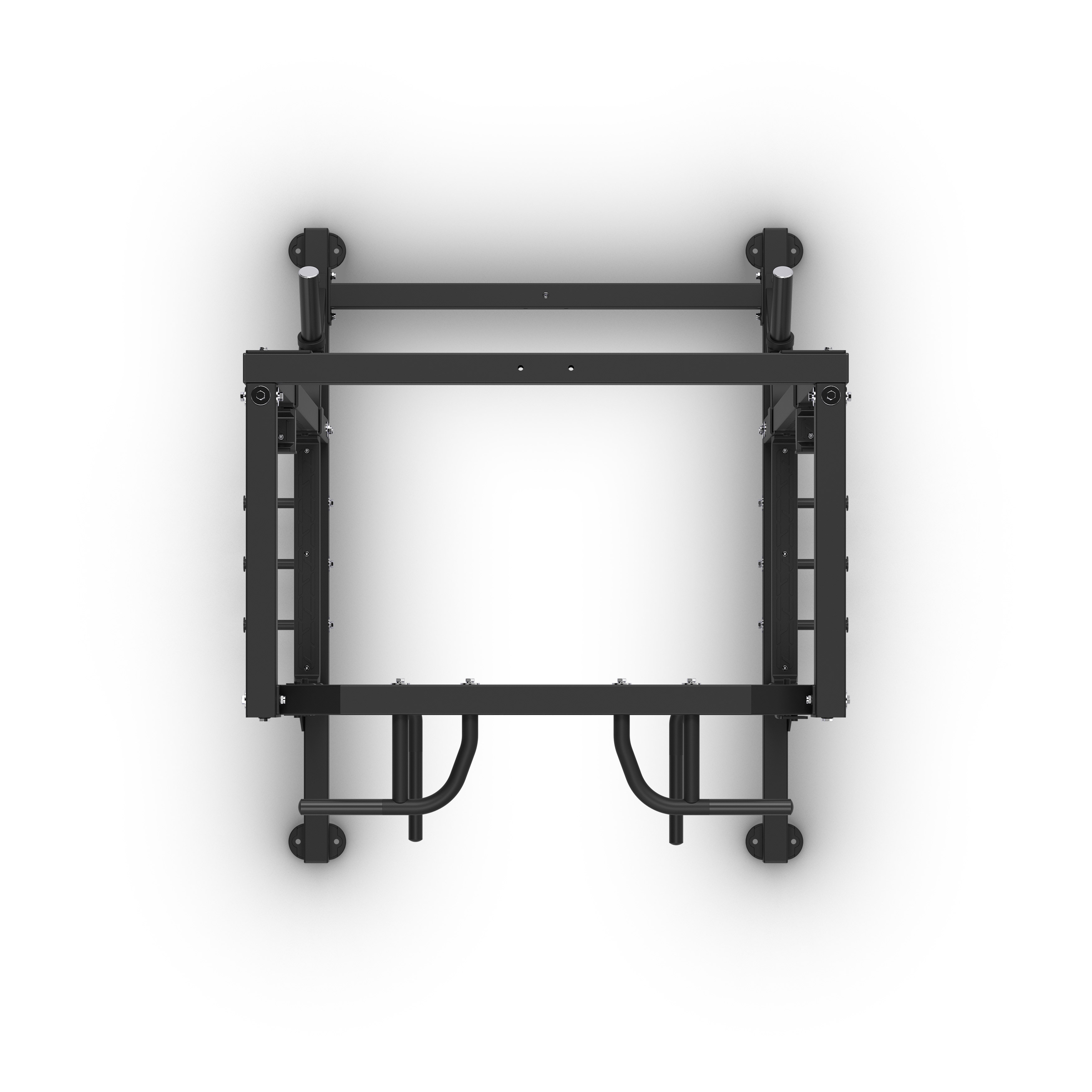 Un marco de fitness de metal negro con barras horizontales y soportes de pared.