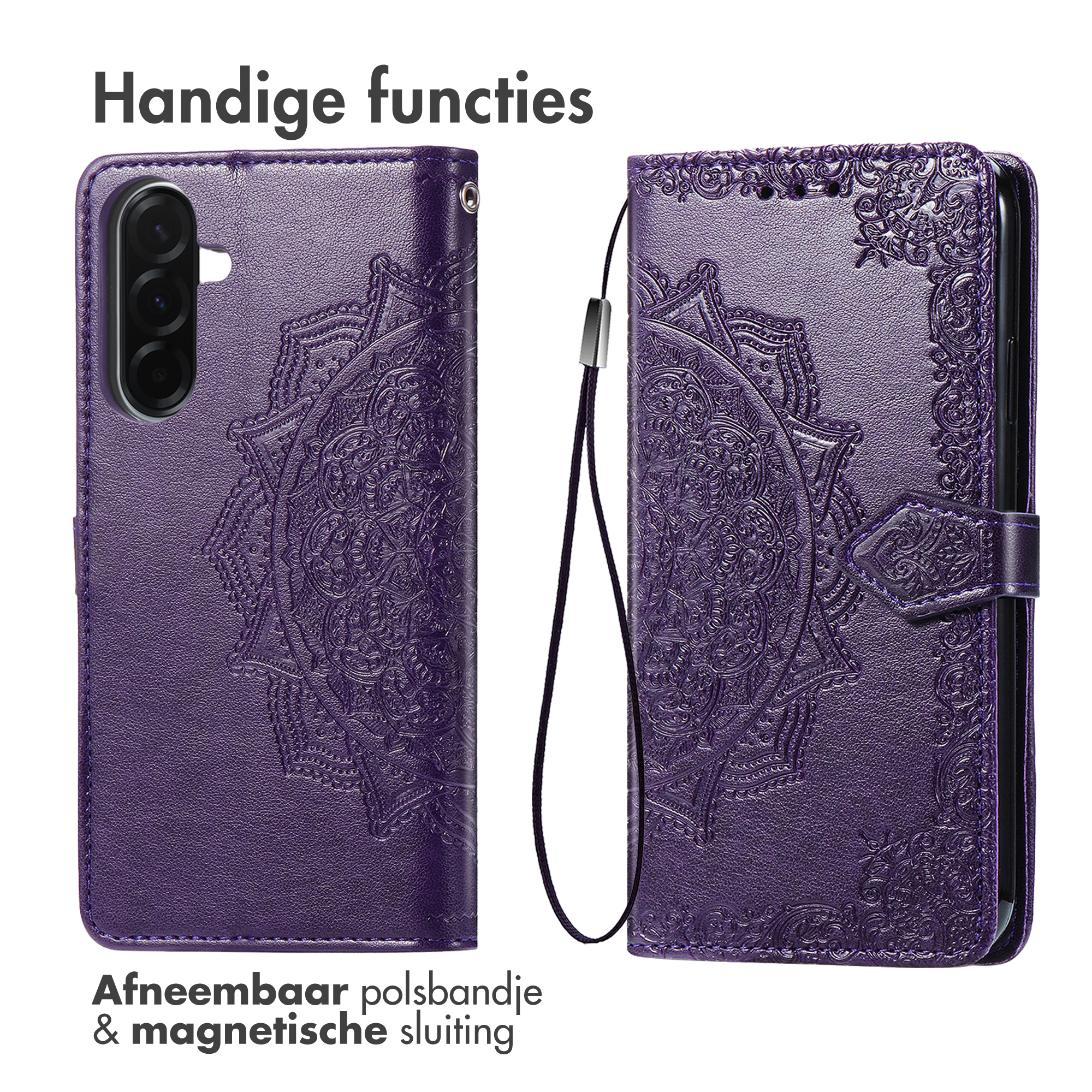 Paarse telefoonhoes met reliëf mandala patroon en bandje.