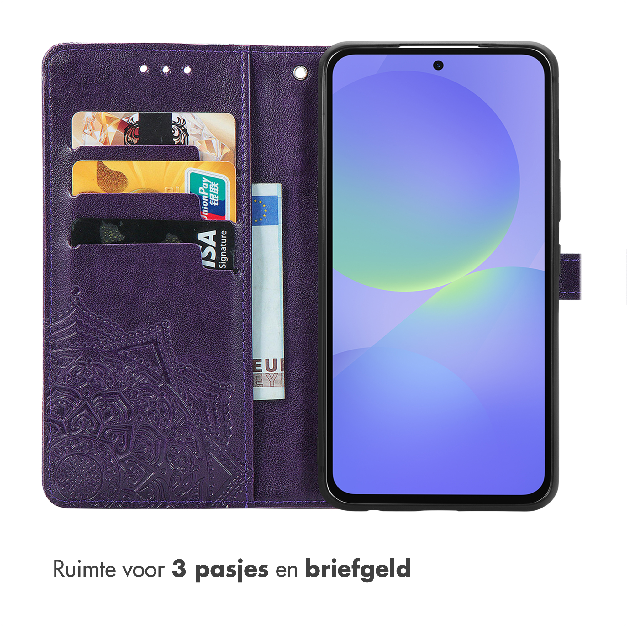 Paarse telefoonhoes met kaarthouders en geldvak. Open getoond.