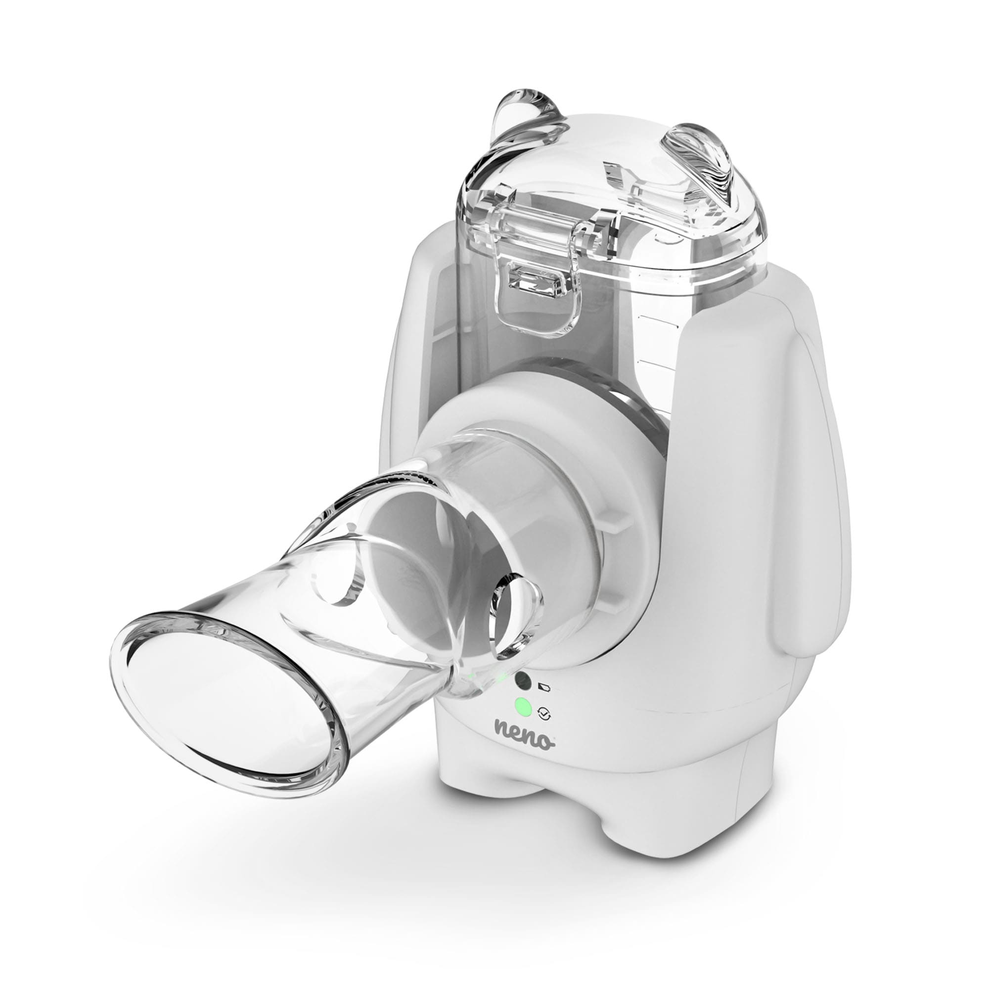 Biały nebulizator z uszami misia i przezroczystym pojemnikiem.