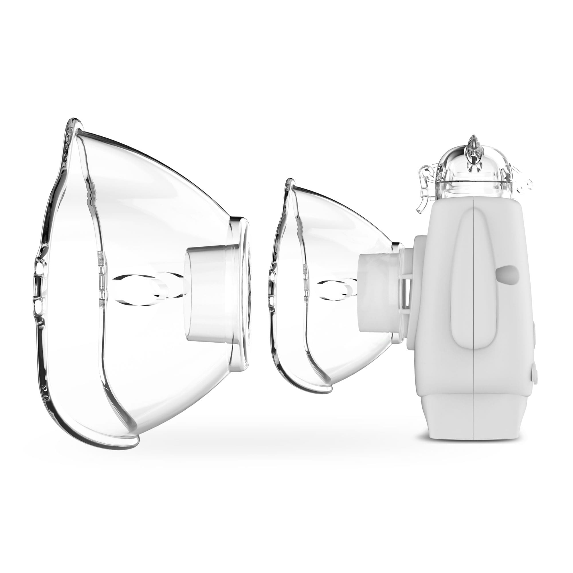 Biały nebulizator z dwiema przezroczystymi maskami na białym tle.