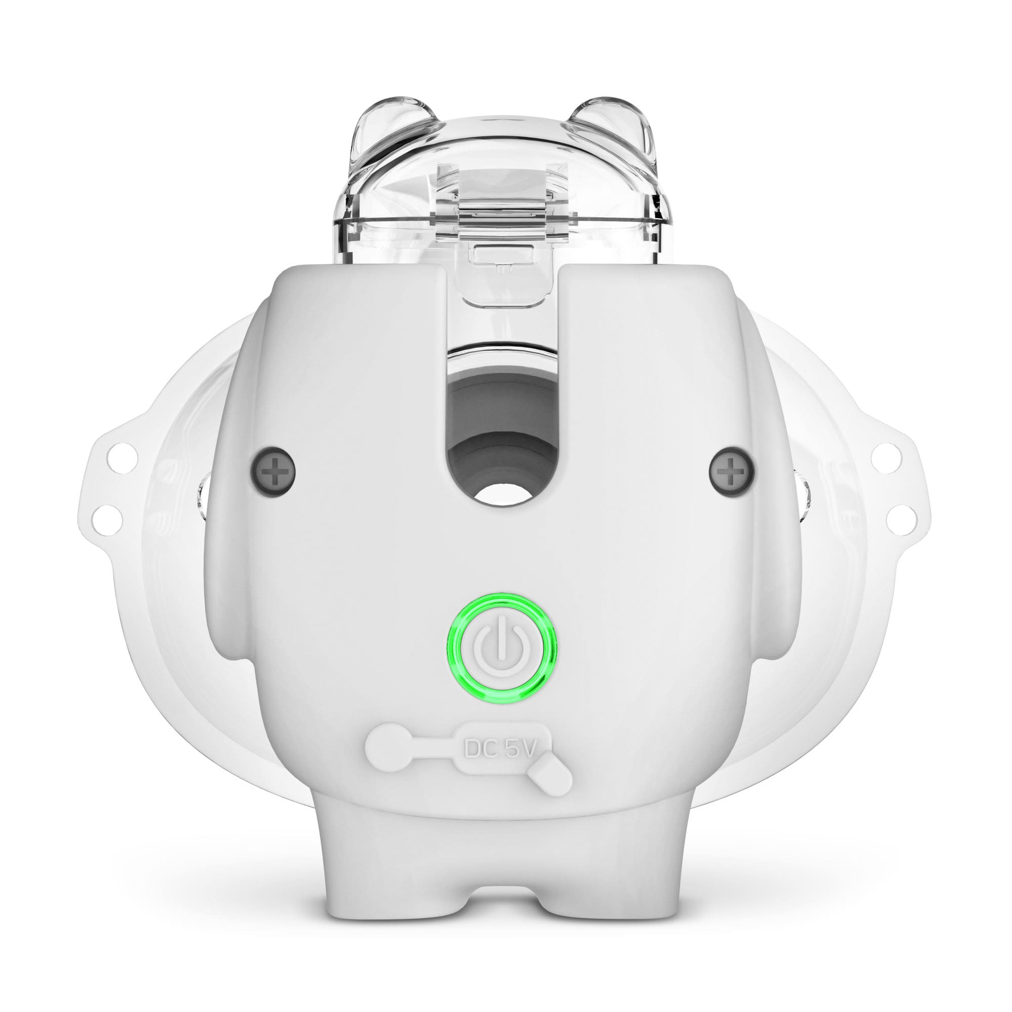 Białe urządzenie w kształcie misia z przezroczystą pokrywą i zielonym przyciskiem zasilania.