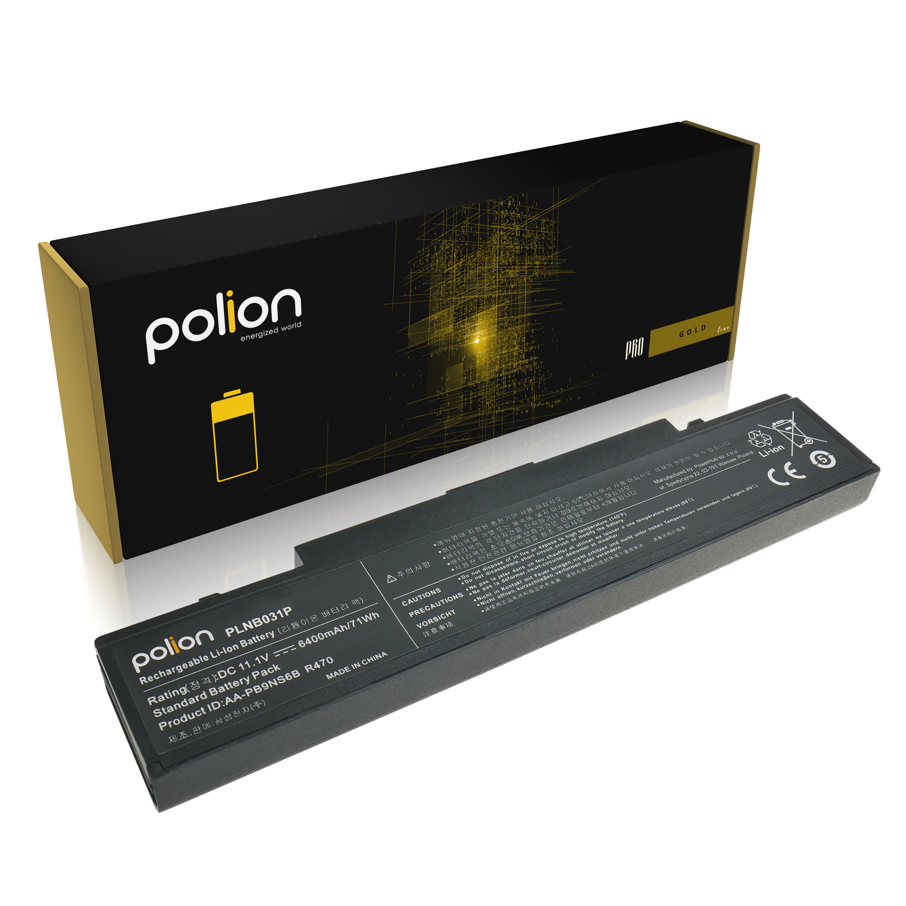 Czarna bateria do laptopa z logo "polion" i danymi technicznymi.