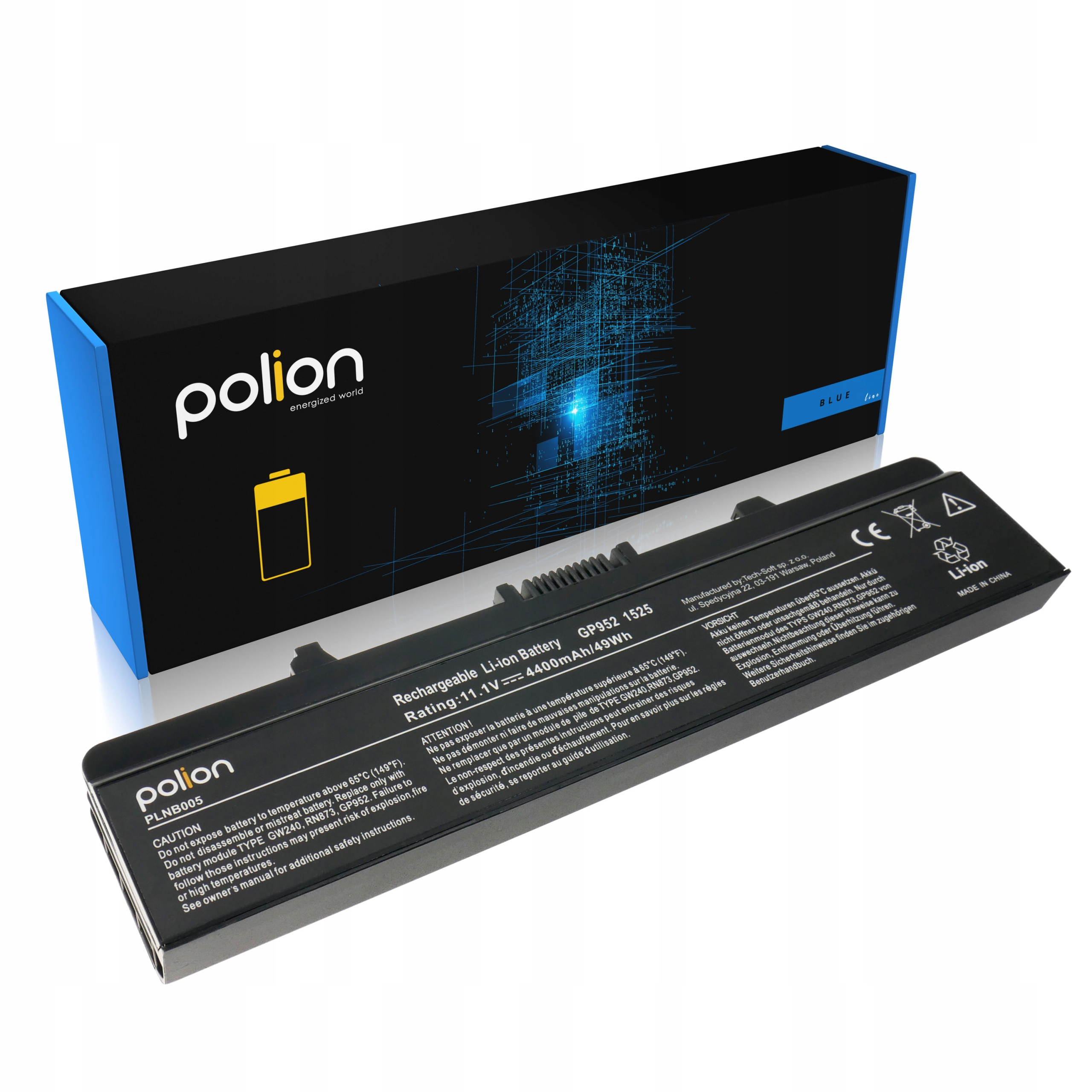 Bateria laptopa Polion ze specyfikacjami technicznymi i ostrzeżeniami.