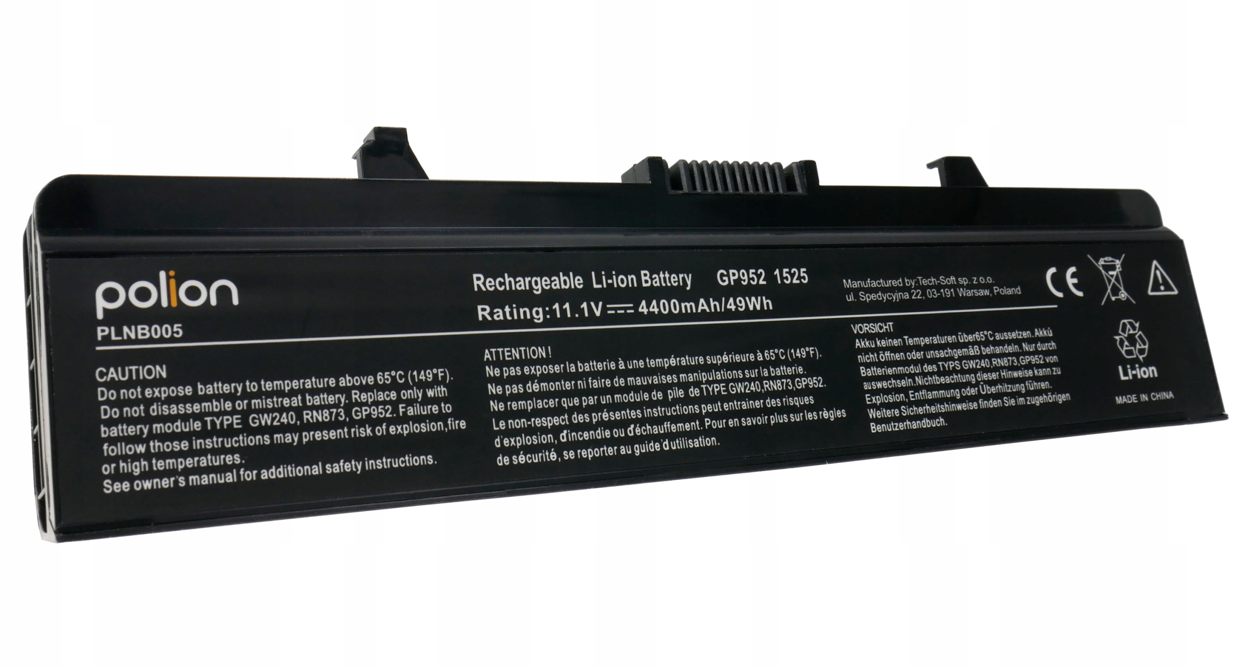 Czarna bateria litowo-jonowa z logo Polion, ostrzeżeniami i znakiem CE.