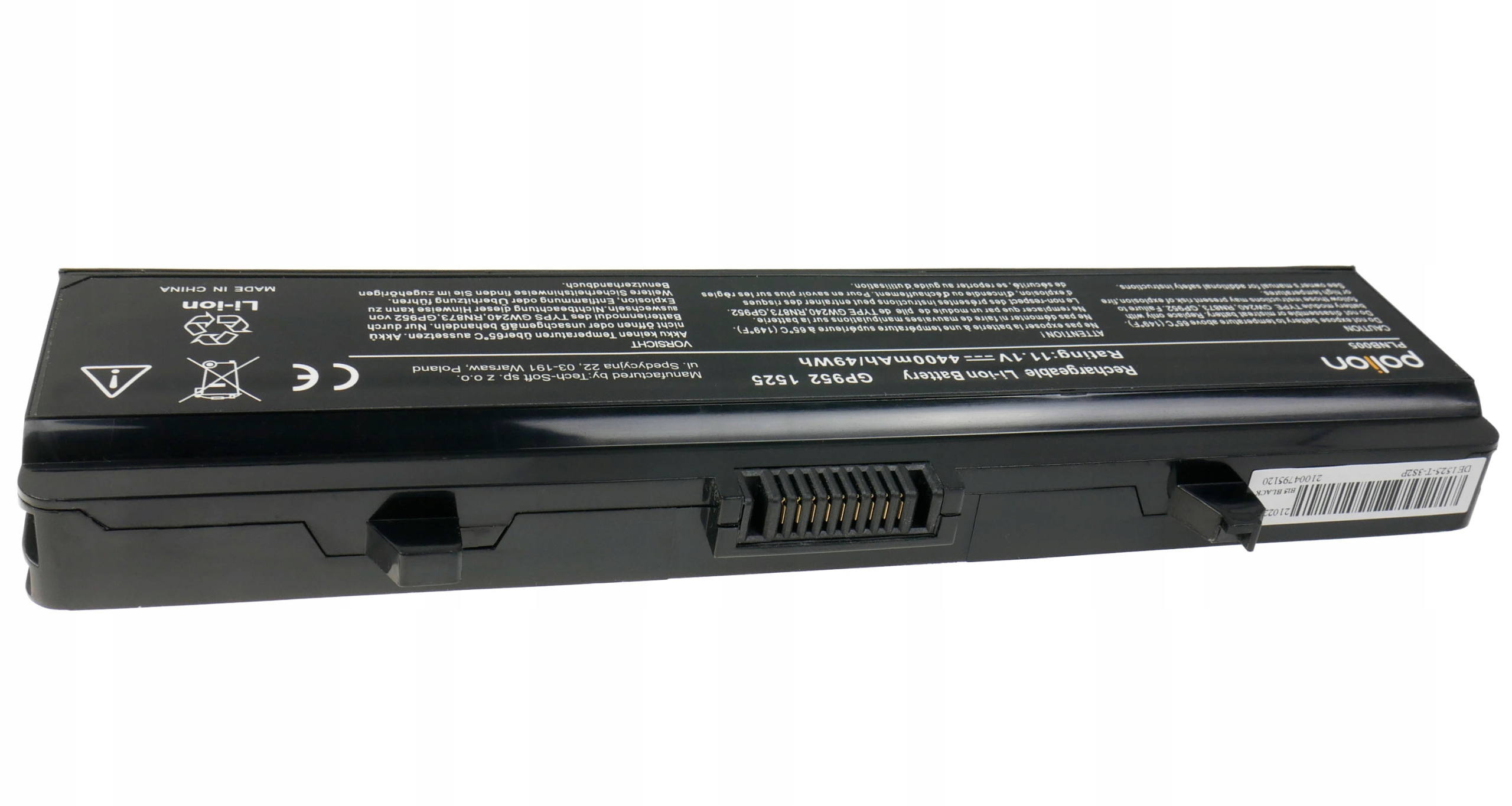 Czarny akumulator Li-ion z detalami technicznymi i symbolami ostrzeżeń.