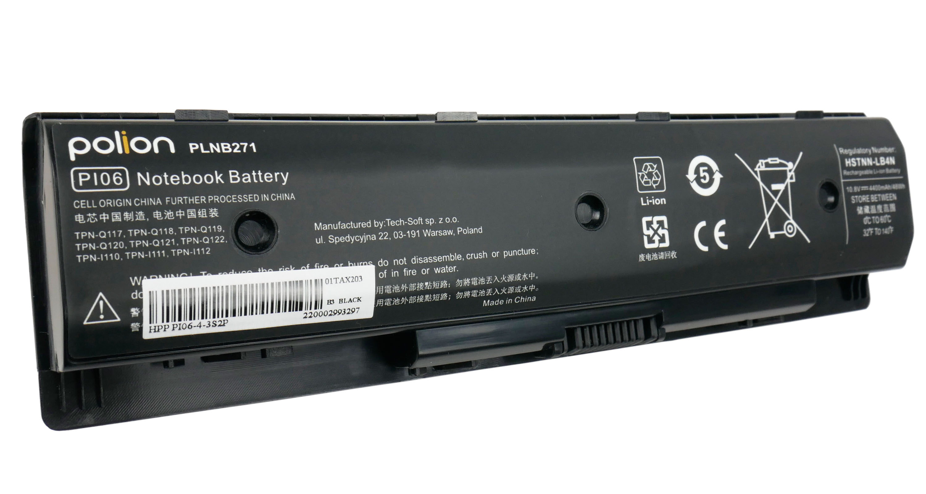 Czarna bateria do laptopa model PLNB271, P106, z symbolami CE i Li-ion.