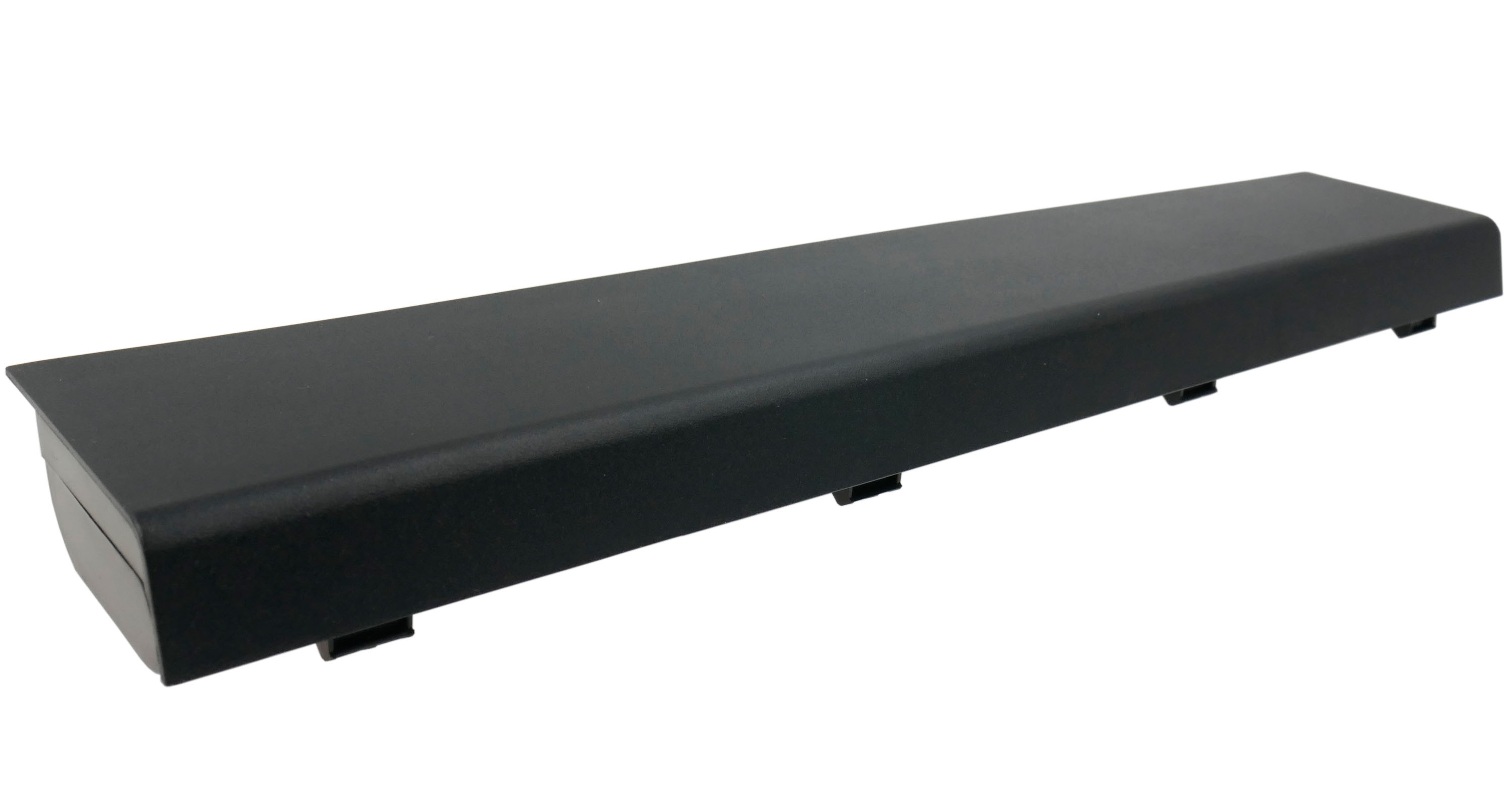 Czarna bateria do laptopa z klipsami na dole, izolowana na białym tle.
