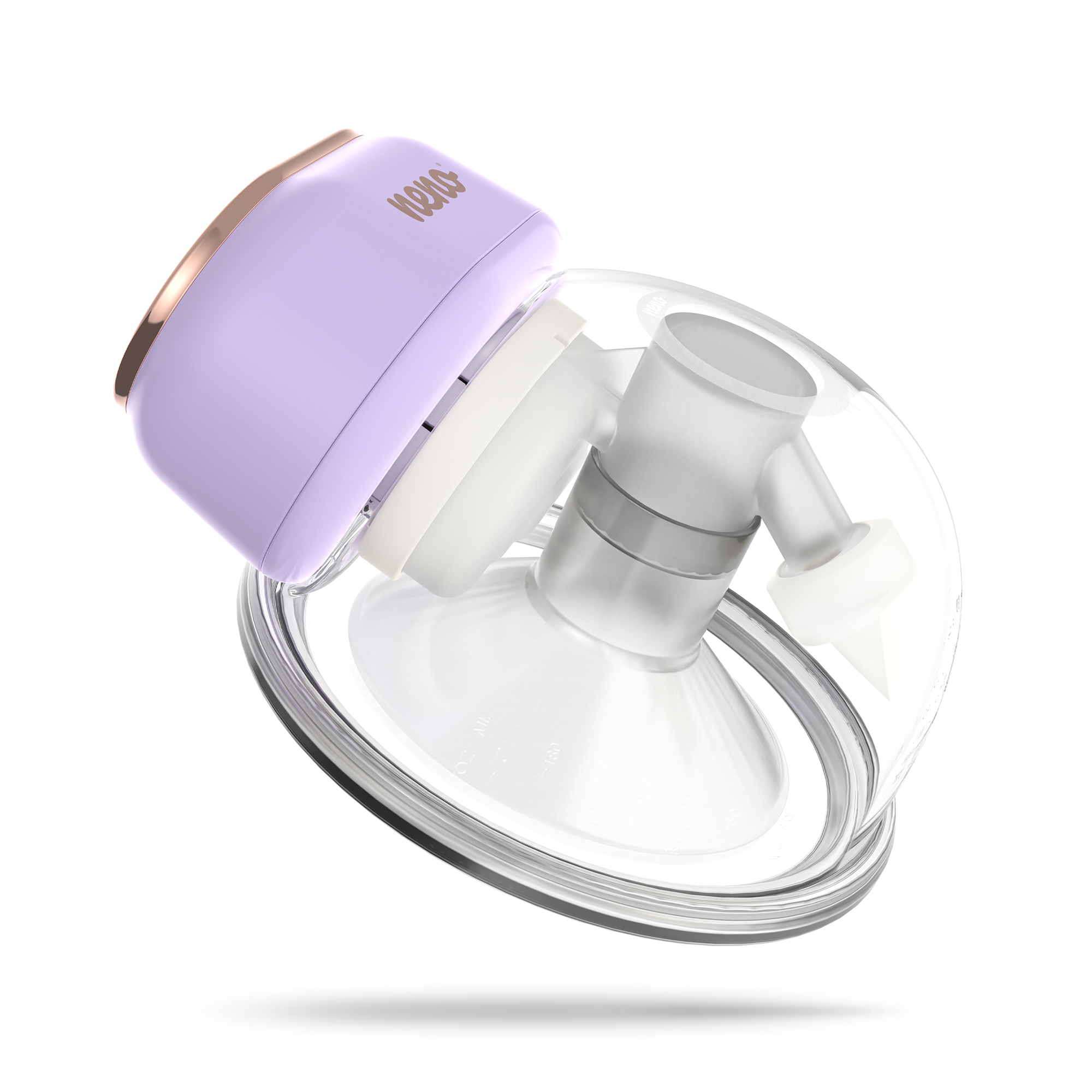 Lawendowy element laktatora z różowo-złotym pierścieniem i przezroczystym pojemnikiem.