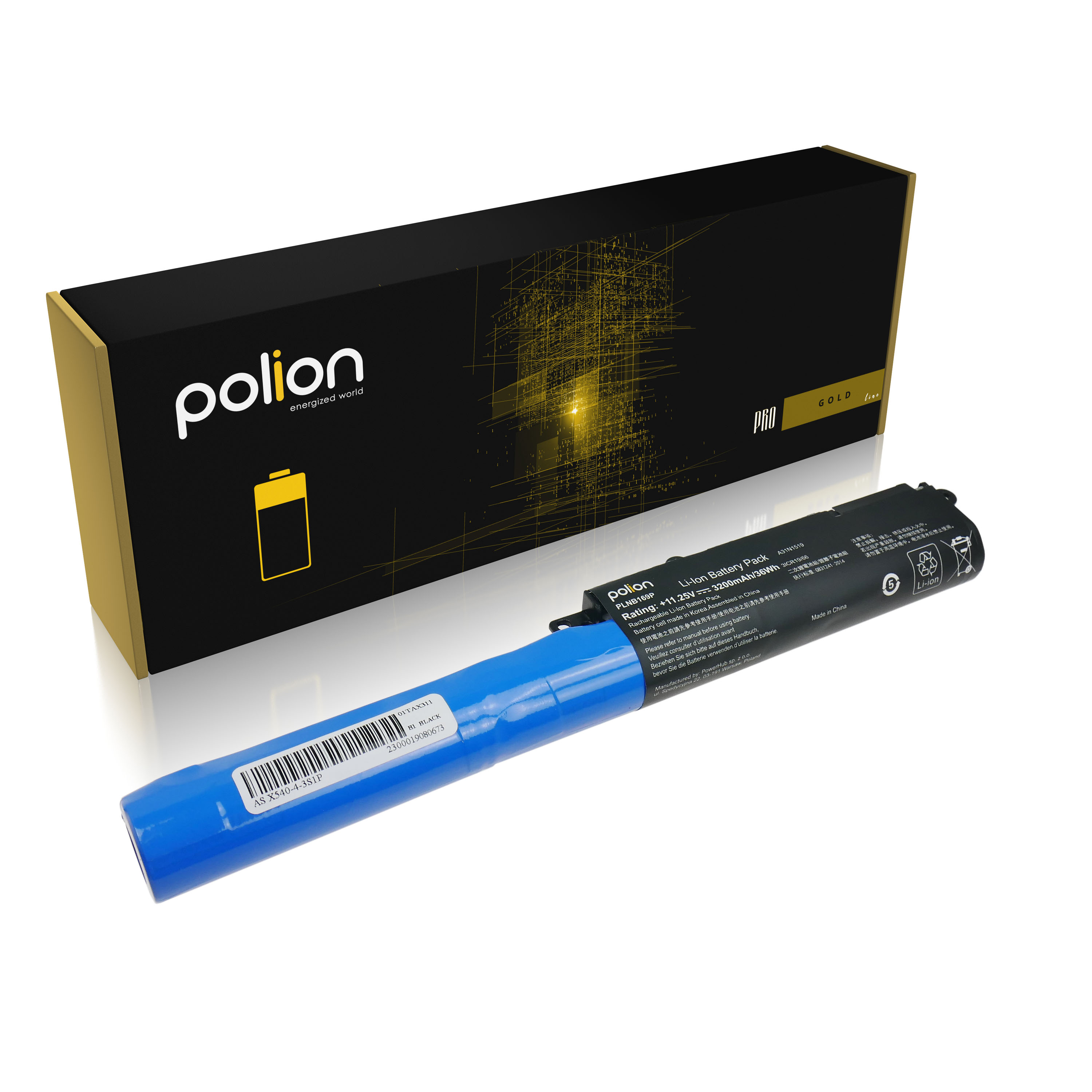 Niebieski akumulator leży przed czarnym pudełkiem ze złotymi akcentami i logo Polion.