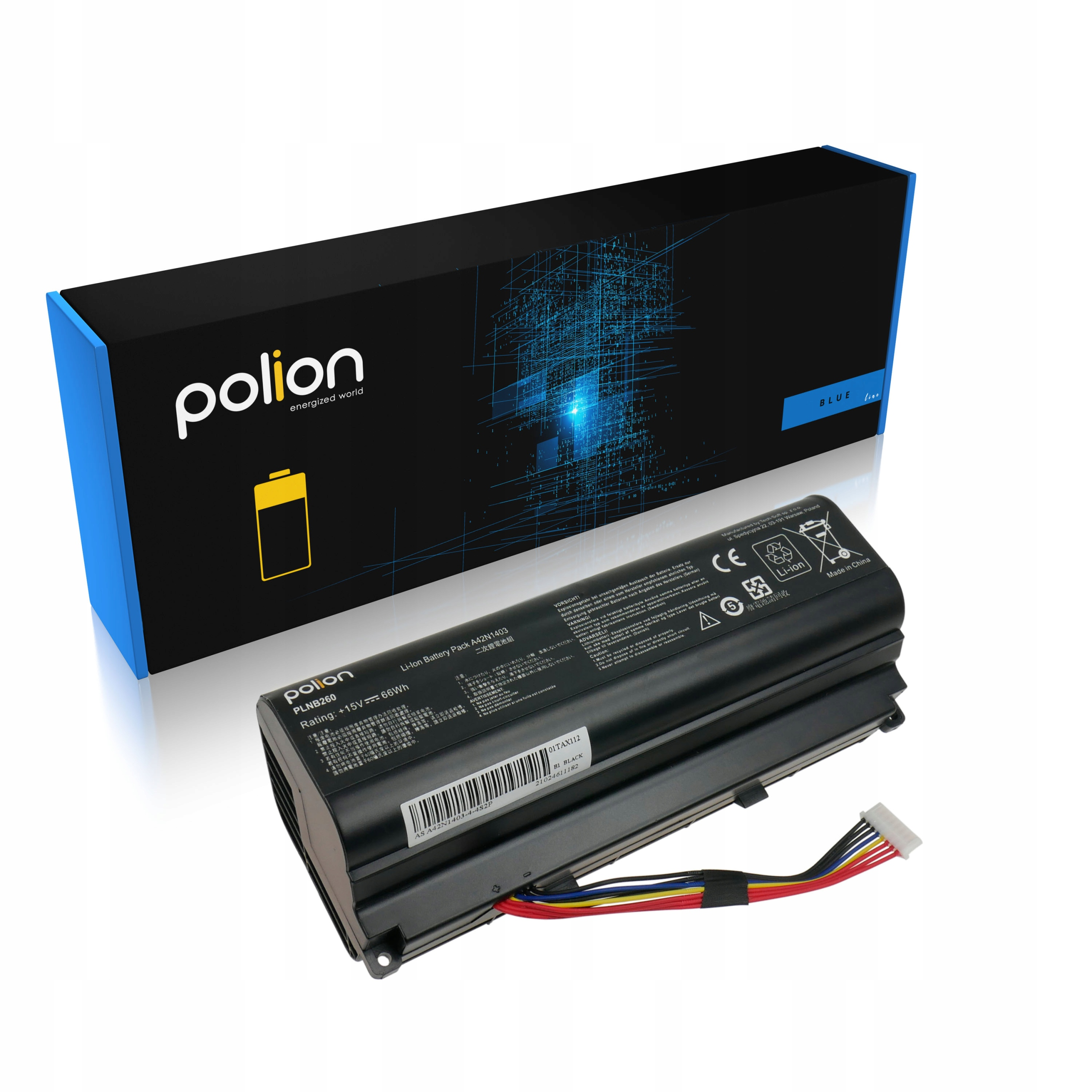 Czarna bateria do laptopa z kablami i opakowaniem, z niebieskimi akcentami.