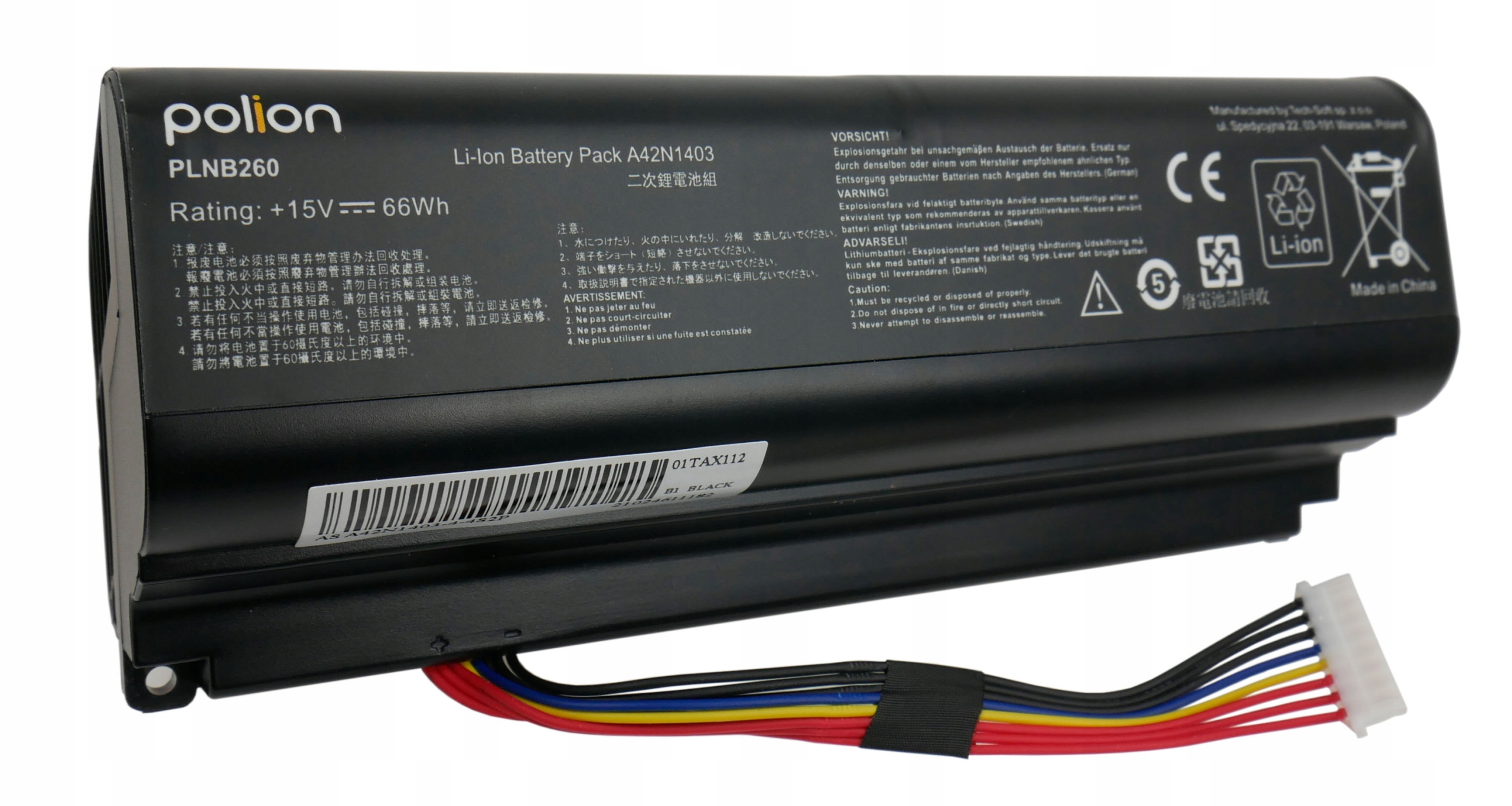 Czarny akumulator Li-Ion z kablami. Polion PLNB260, A42N1403.