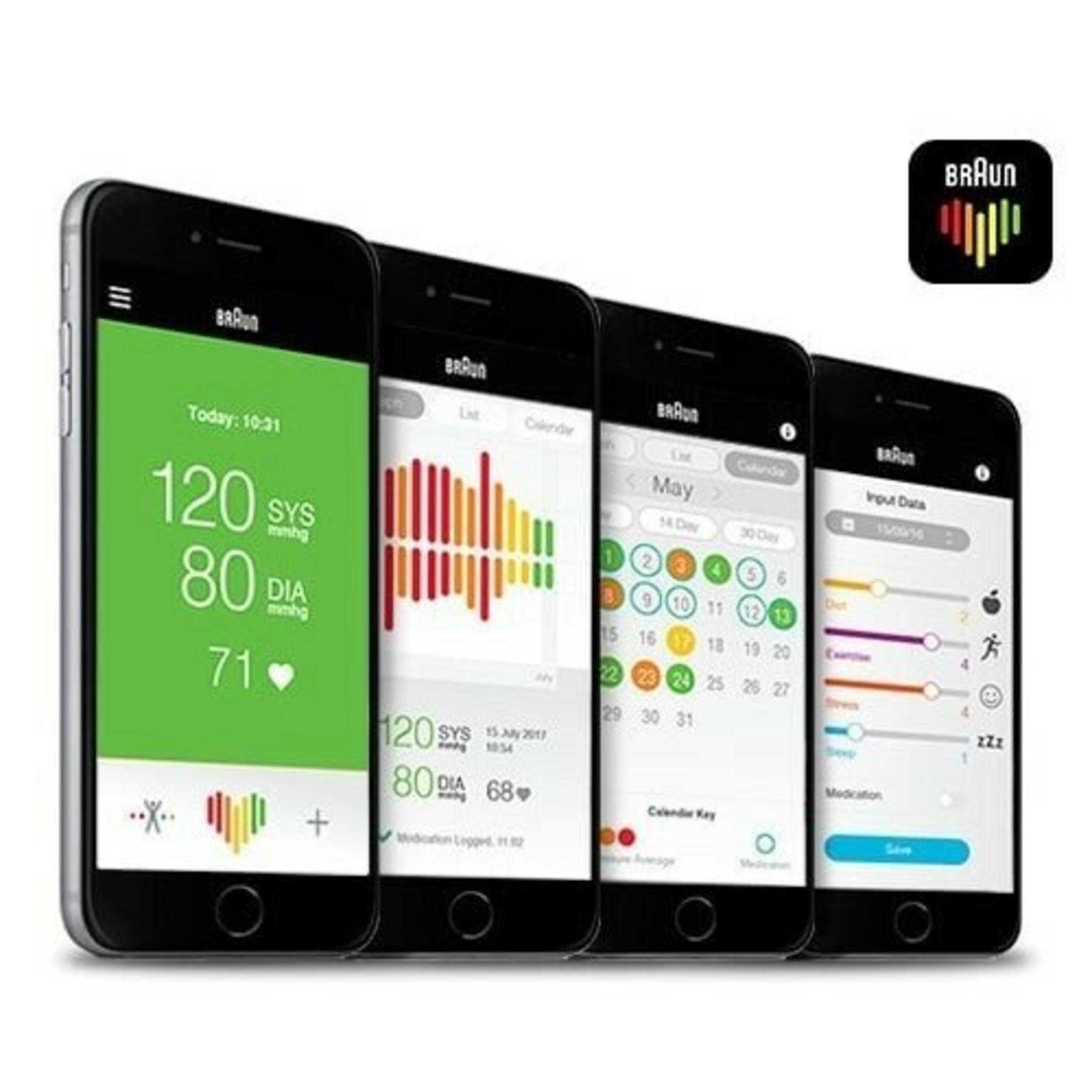 Dört iPhone Braun sağlık uygulamaları gösteriyor: tansiyon, takvim, aktivite.