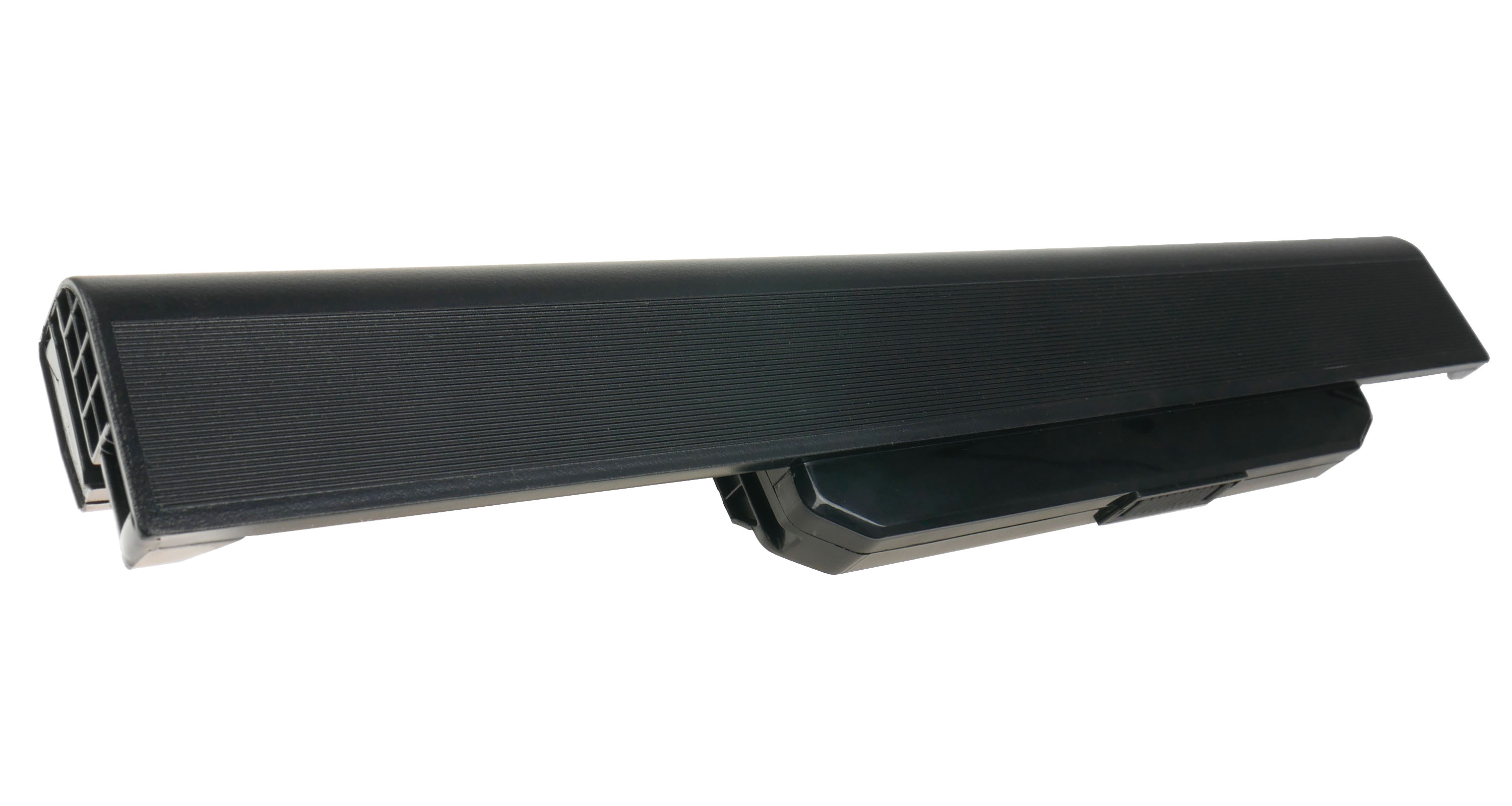 Czarny akumulator z prążkowaną powierzchnią i otworami wentylacyjnymi.