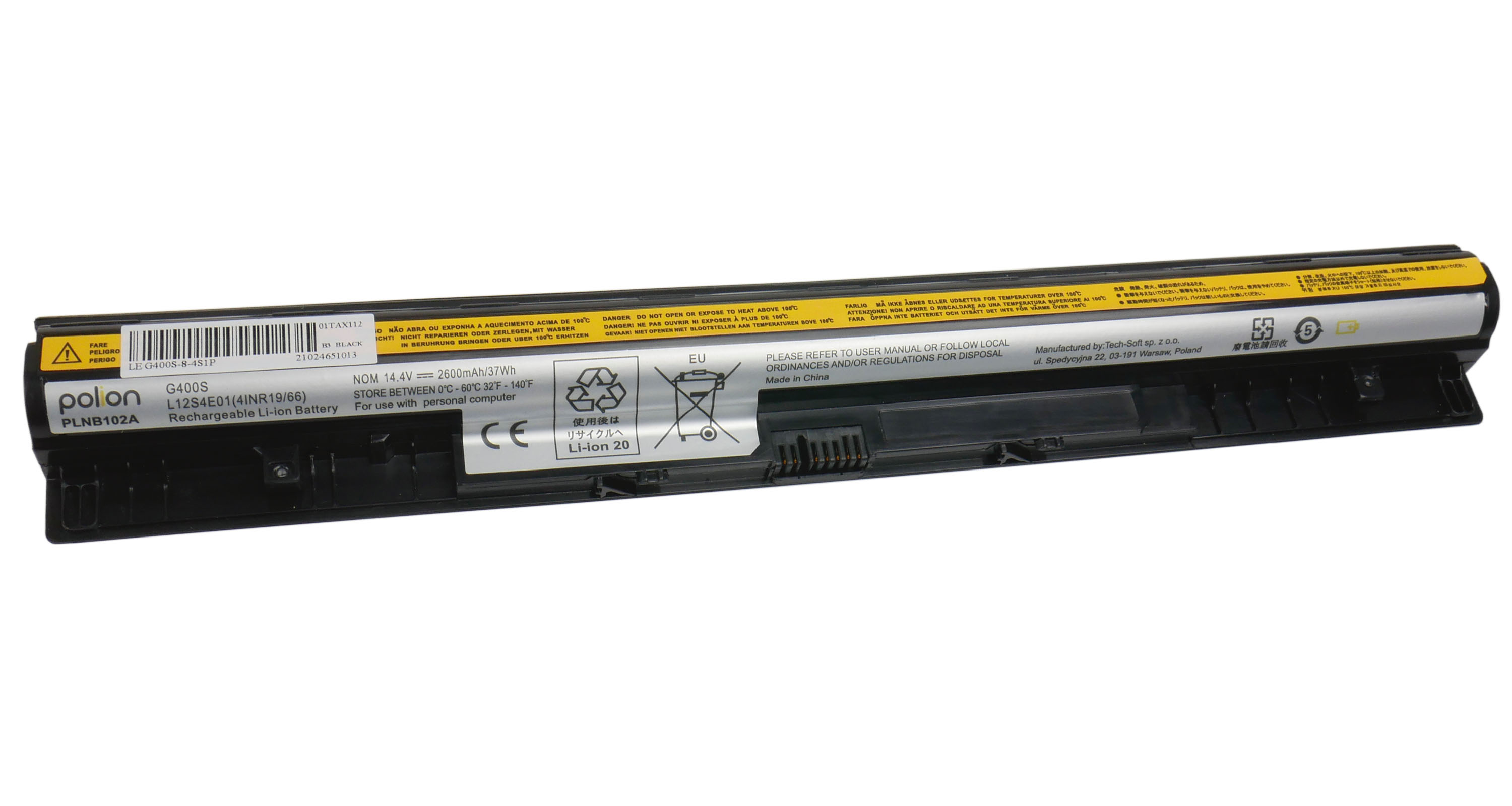 Czarny akumulator do laptopa z etykietami i ostrzeżeniami. Model PLNB102A.