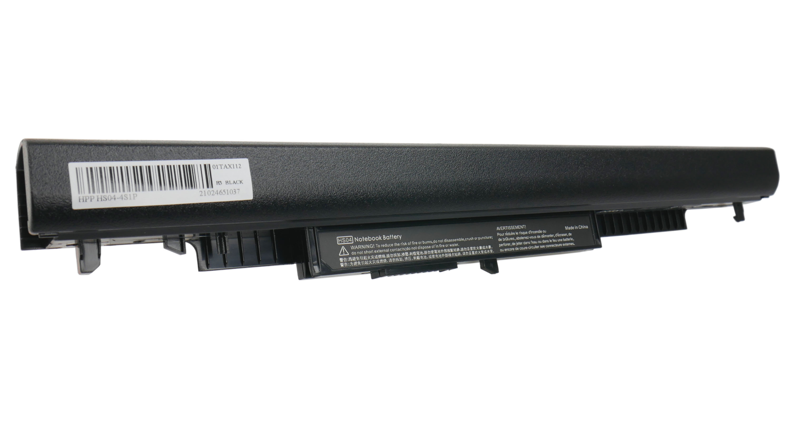 Czarna bateria do laptopa z etykietą i ostrzeżeniami.