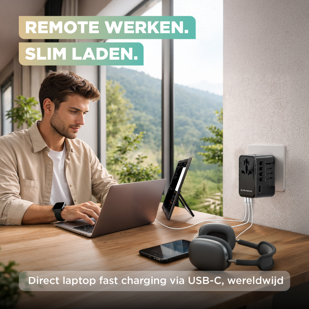 Man werkt op laptop, lader voedt apparaten, koptelefoon op bureau.