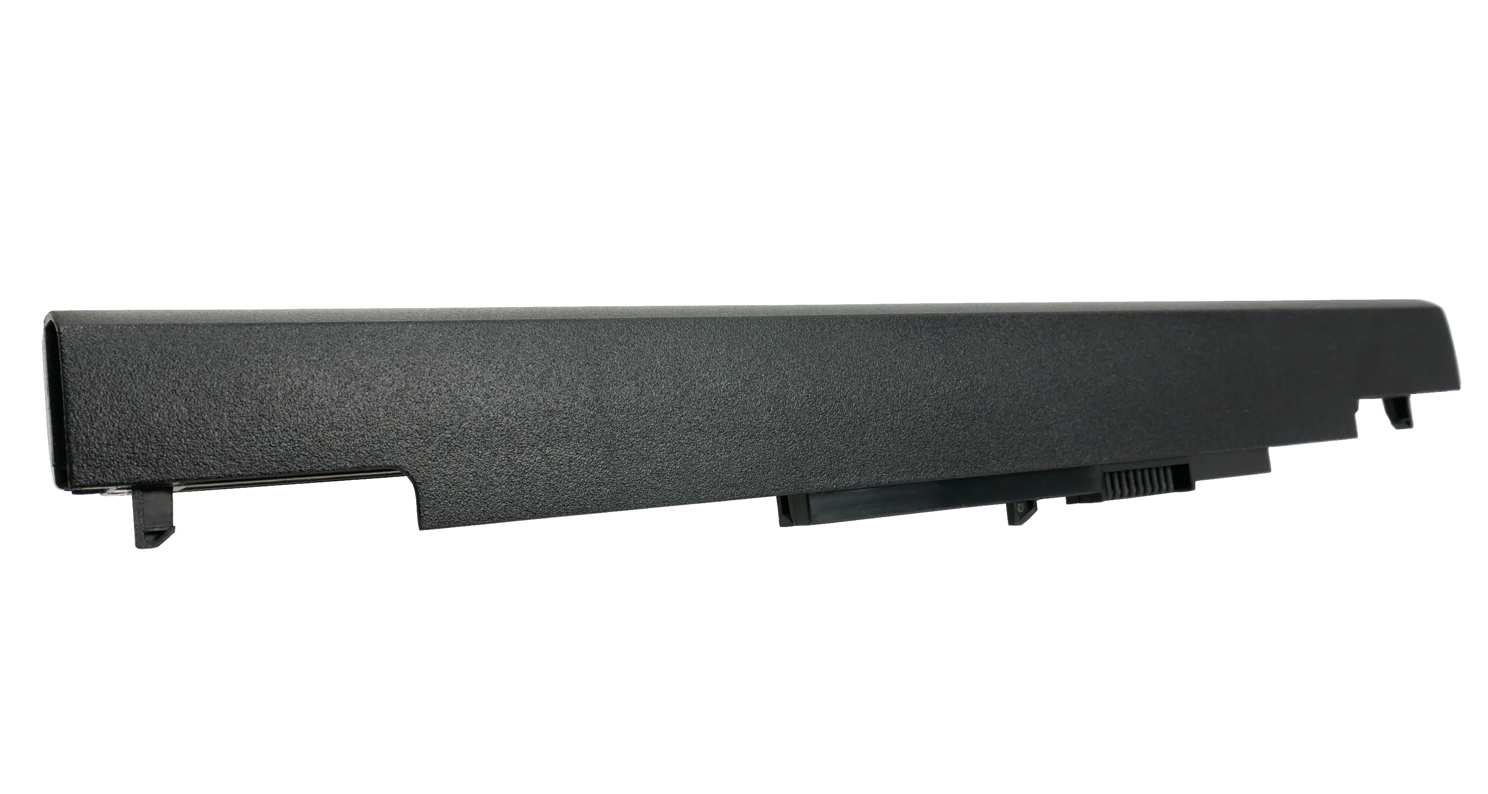 Czarna bateria do laptopa z złączem na białym tle.