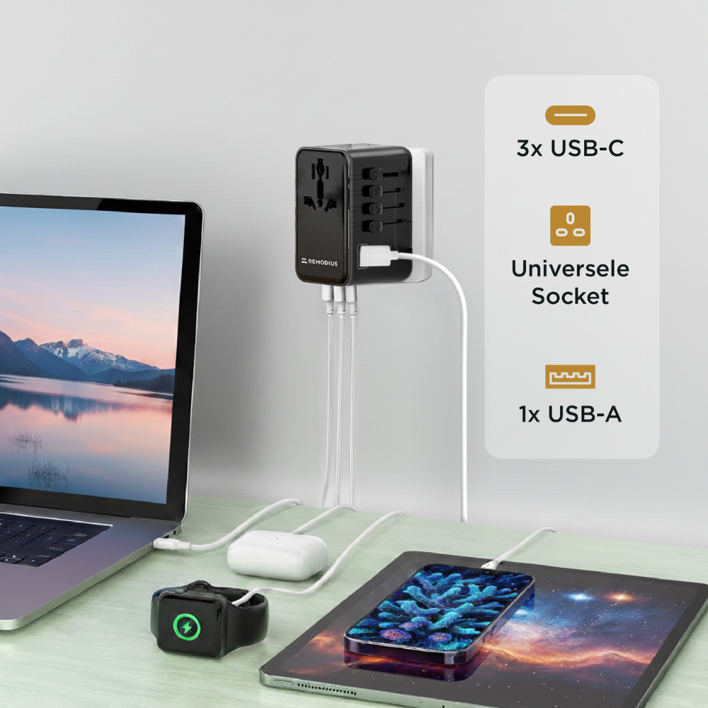 Een reisadapter met 3x USB-C en 1x USB-A laadt laptop, tablet, smartwatch en oordopjes op.