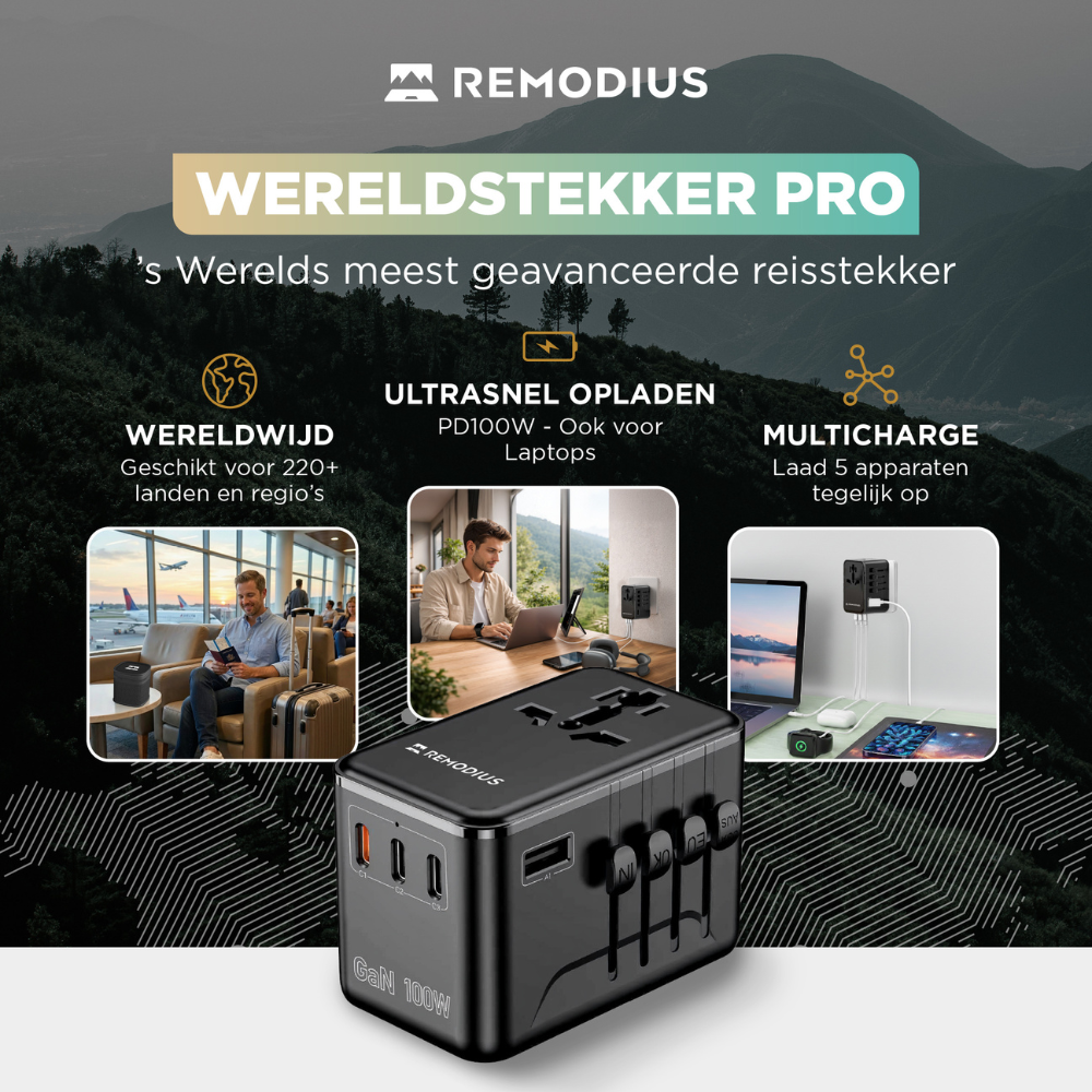 Reisadapter met wereldkaart, man op vliegveld, man met laptop, apparaten laden.