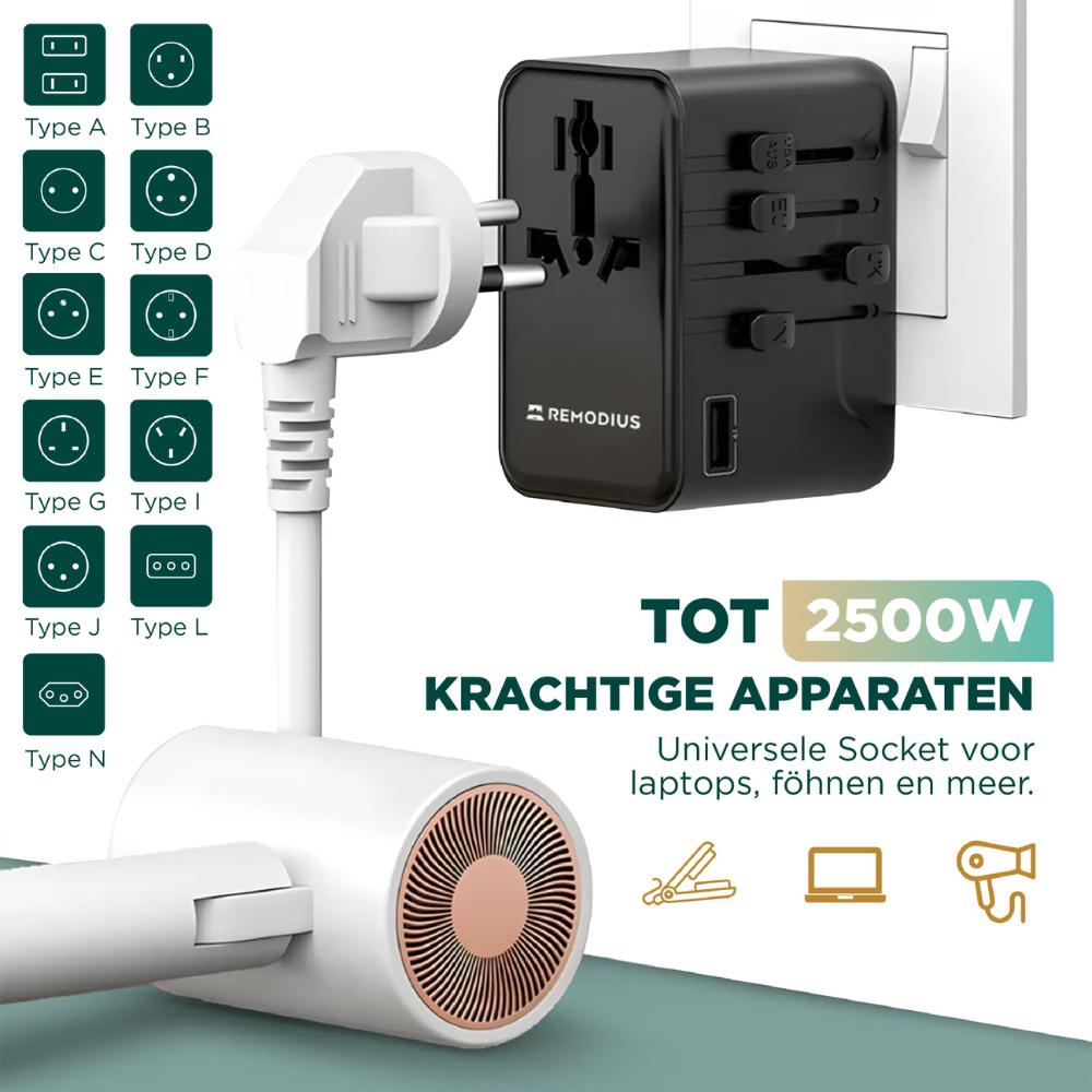 Een zwarte universele adapter met diverse stekkers en een haardroger.