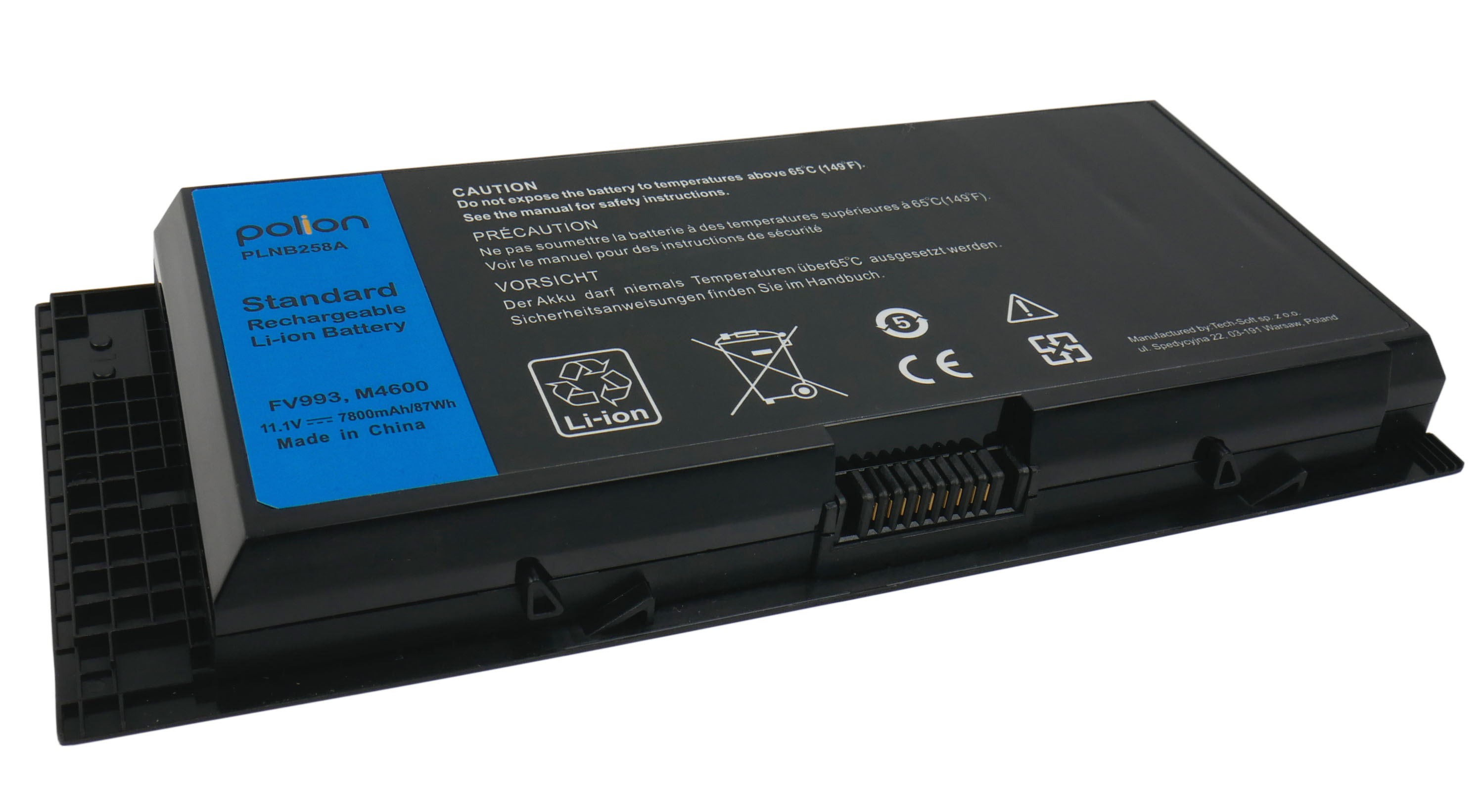 Czarna bateria litowo-jonowa z niebieską etykietą i napisami.