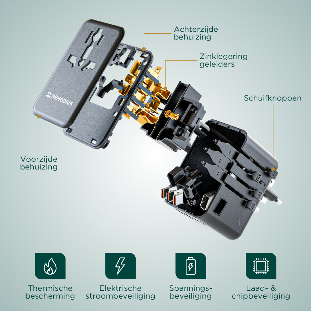 Explosietekening van een reisadapter met metalen contacten en USB-poorten.