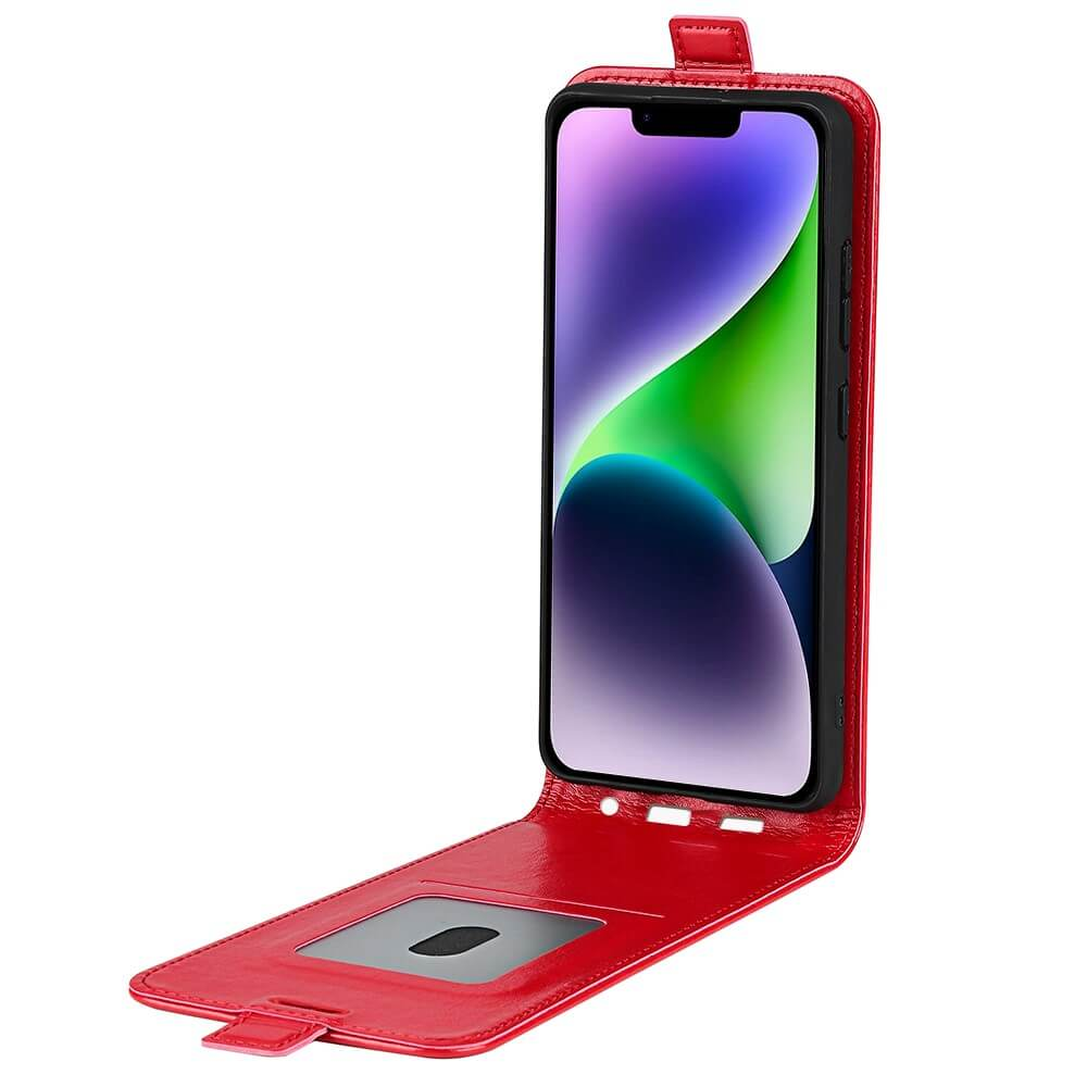 Custodia a libro rossa per smartphone con finestra trasparente e telefono.