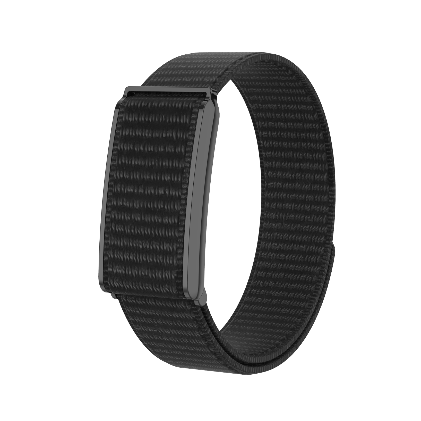 Una correa de reloj negra con carcasa de metal gris, sobre fondo blanco.