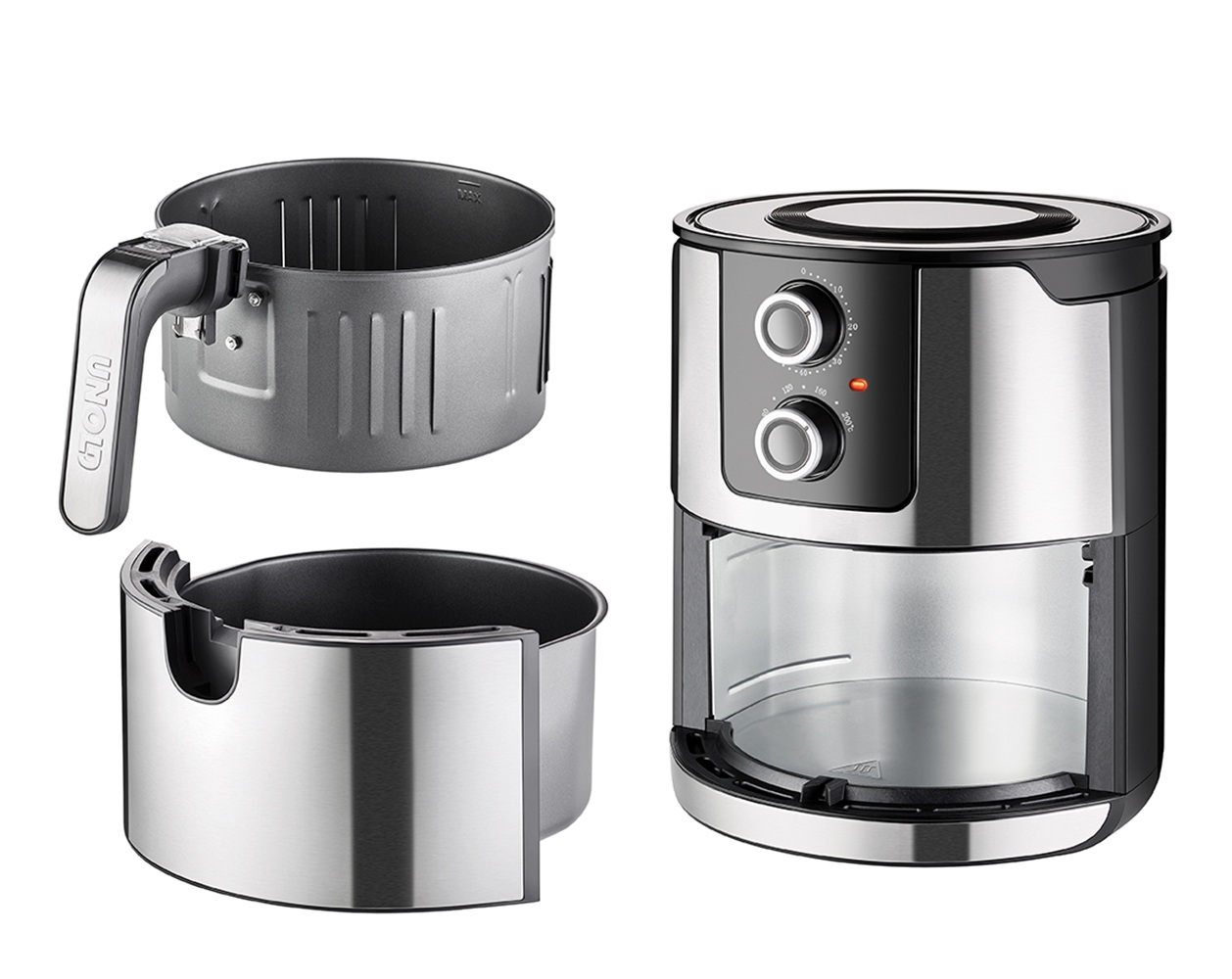 Srebrny kosz frytkownicy beztłuszczowej z czarnym uchwytem i obok drugi kosz.