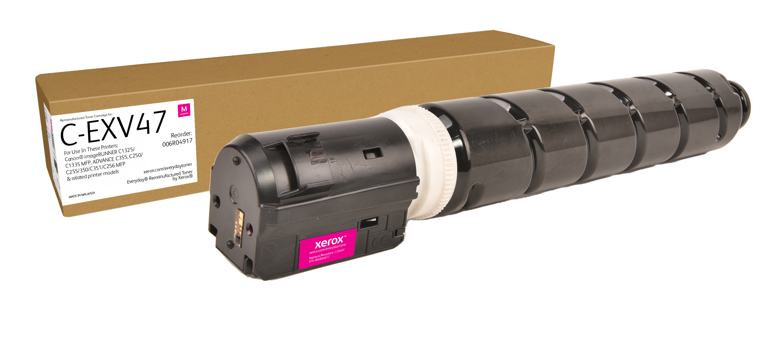 Una cartuccia toner Xerox C-EXV47 magenta con scatola su sfondo bianco.