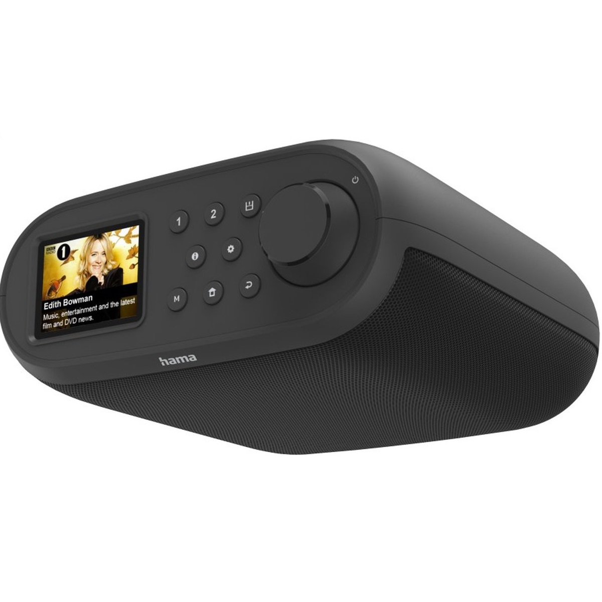 Czarno-białe radio Hama z małym ekranem pokazującym Edith Bowman i przyciski sterujące.