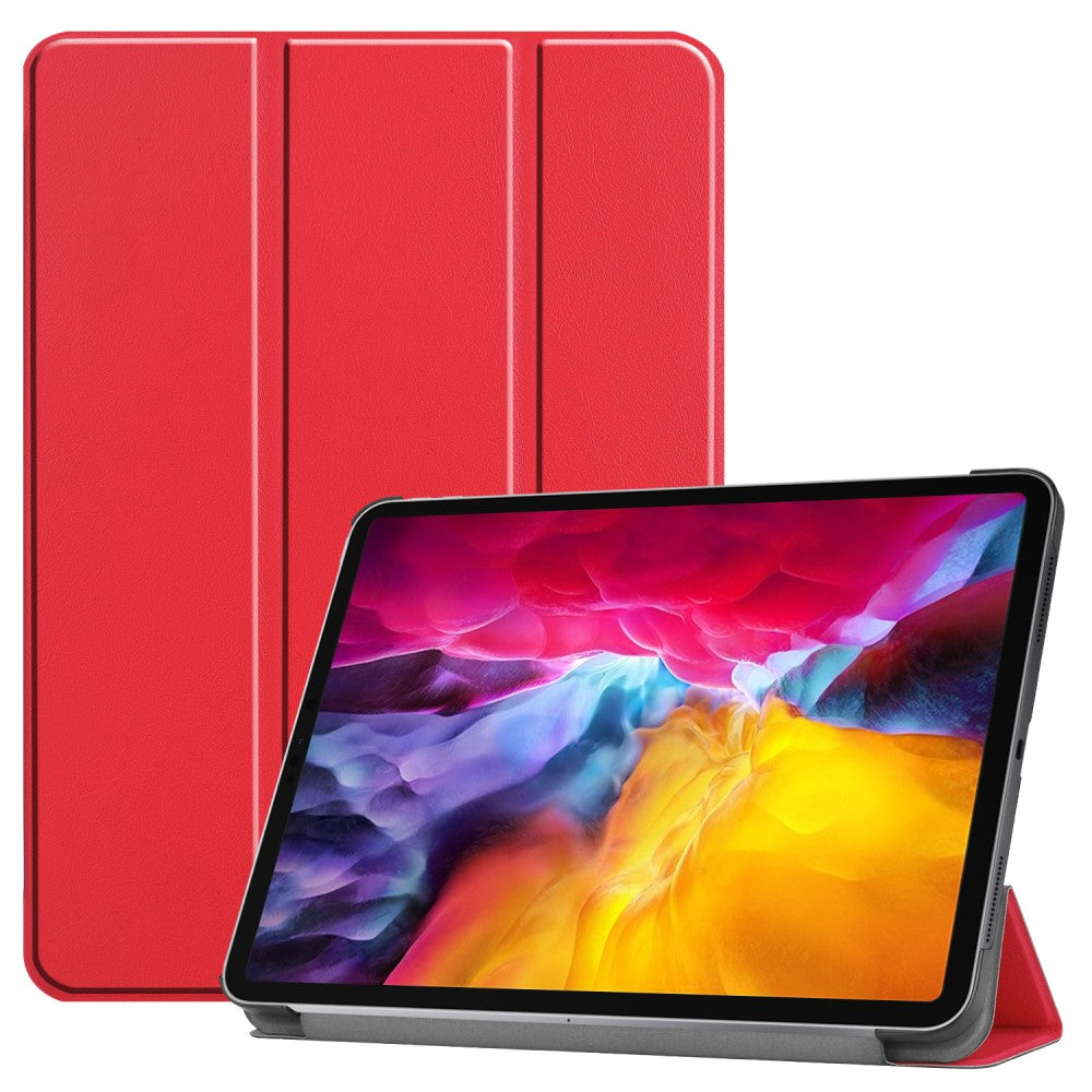 Ein rotes Tablet mit Hülle, das aufrecht steht.
