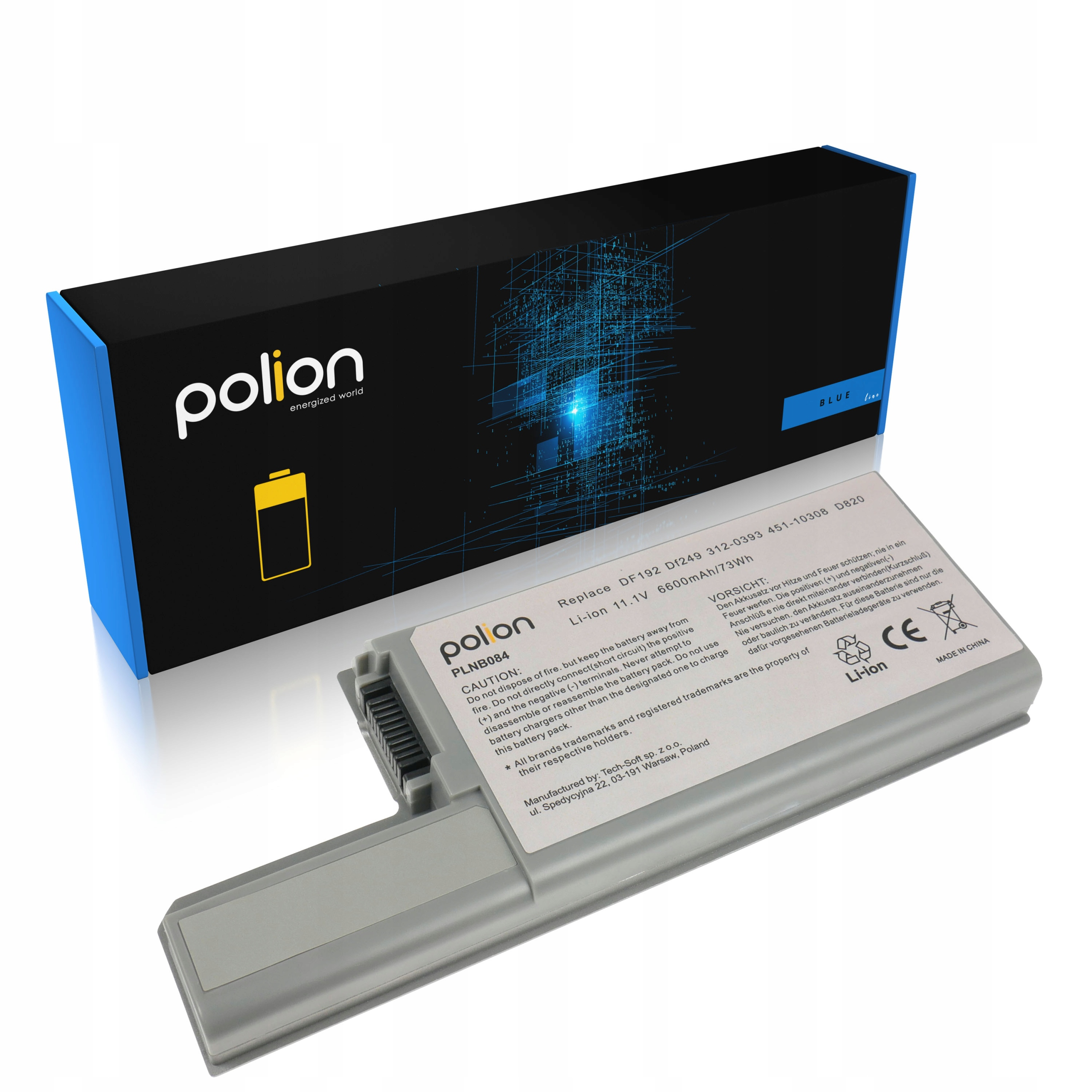 Bateria do laptopa z logo Polion i ostrzeżeniami, obok czarnego pudełka.