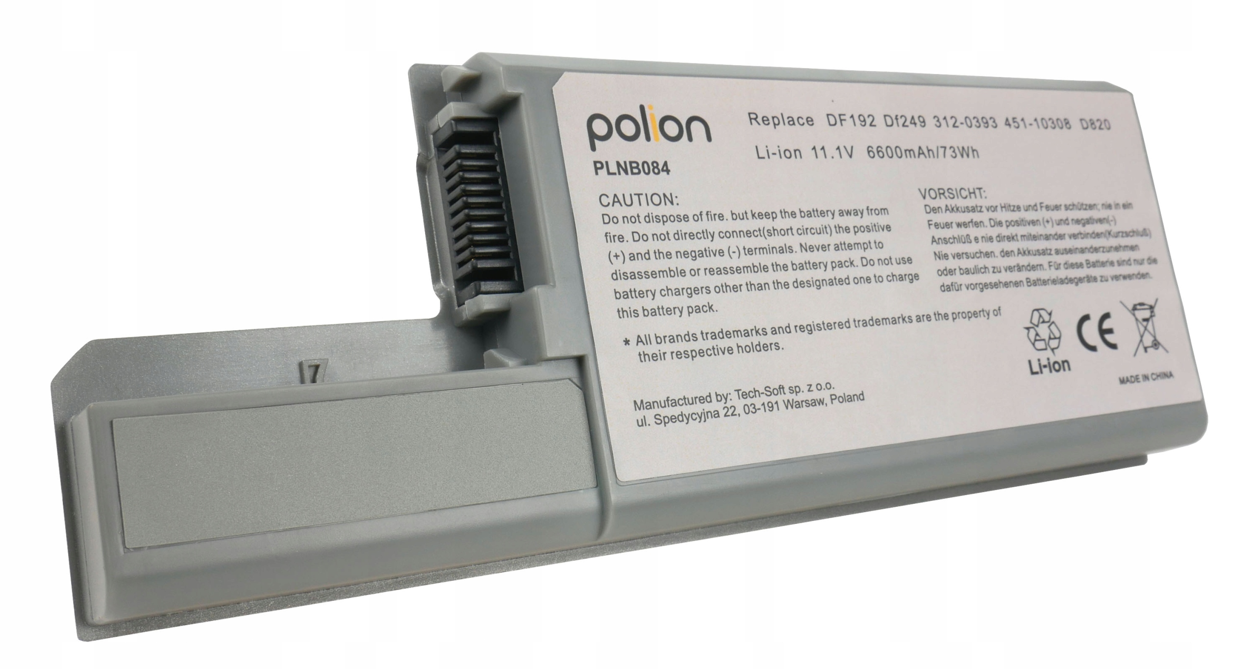 Szary akumulator Li-ion do laptopa z etykietami ostrzegawczymi i oznaczeniem CE.