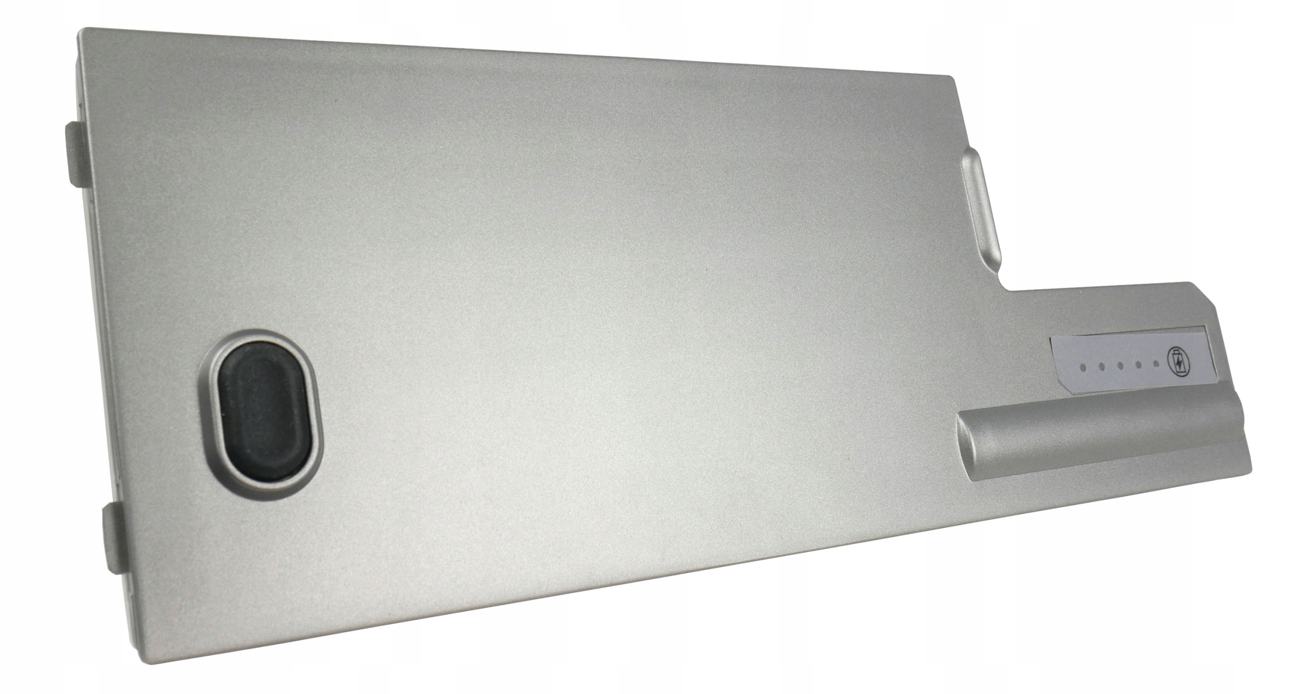 Srebrna bateria do laptopa z czarnymi i szarymi akcentami i wskaźnikami.