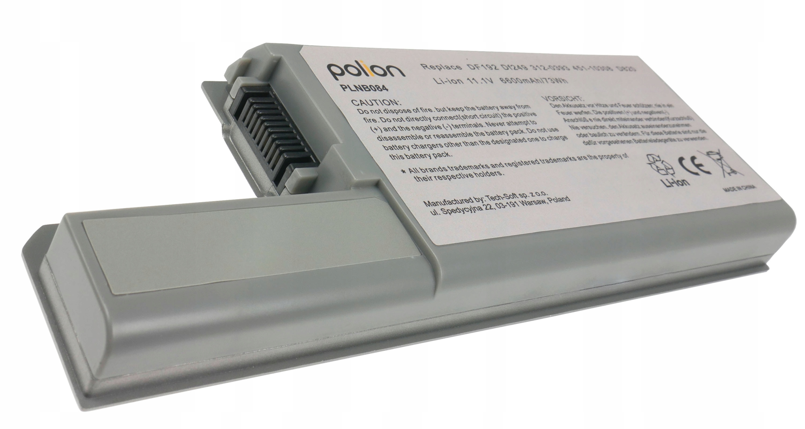Szary akumulator Li-ion z czarnymi złączami i etykietami ostrzegawczymi.