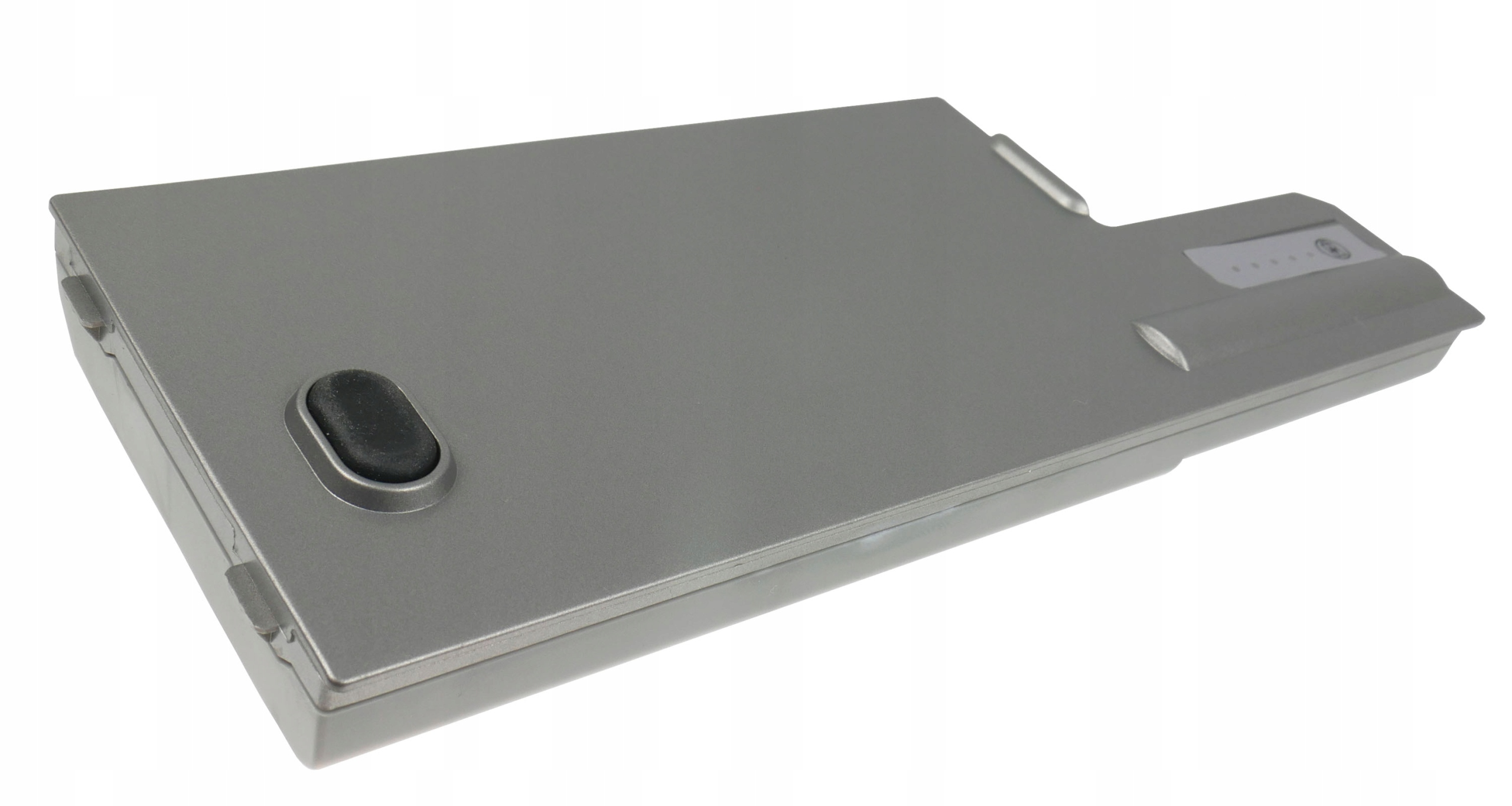 Szara bateria do laptopa ze wskaźnikiem naładowania i przyciskiem zwalniającym.