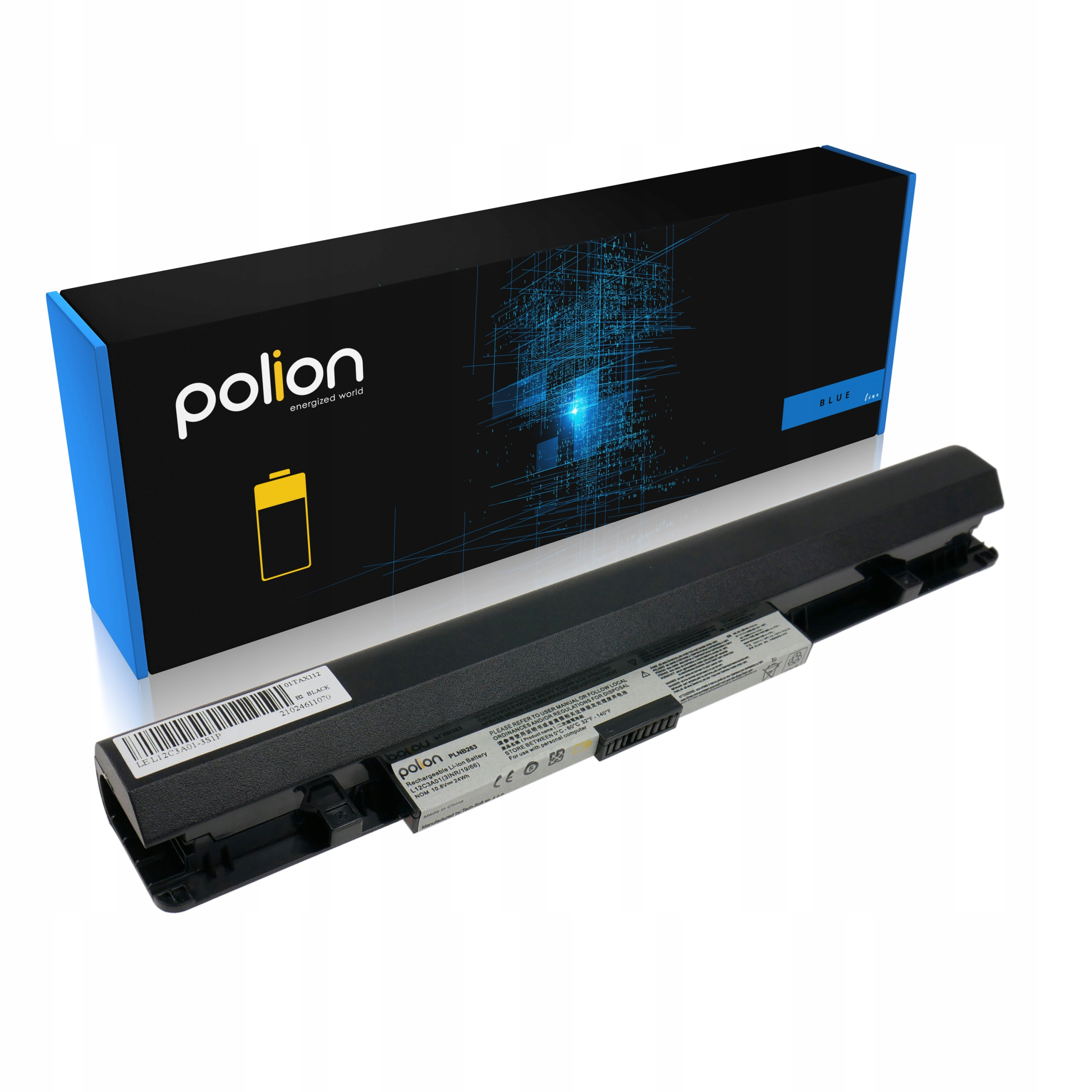 Czarna bateria do laptopa przed niebiesko-czarnym pudełkiem.