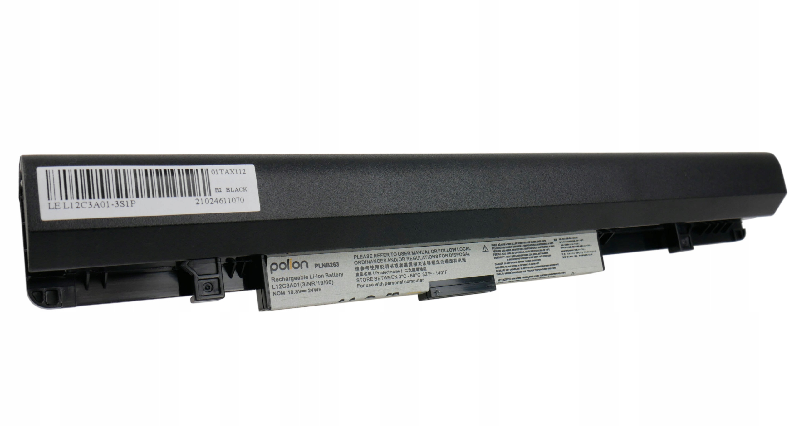 Czarny akumulator do laptopa z etykietami i ostrzeżeniami.