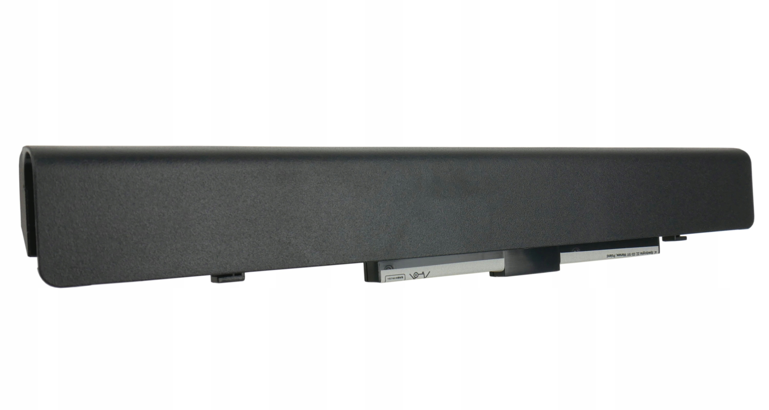 Czarny akumulator do laptopa ze srebrnymi metalowymi stykami i naklejkami.