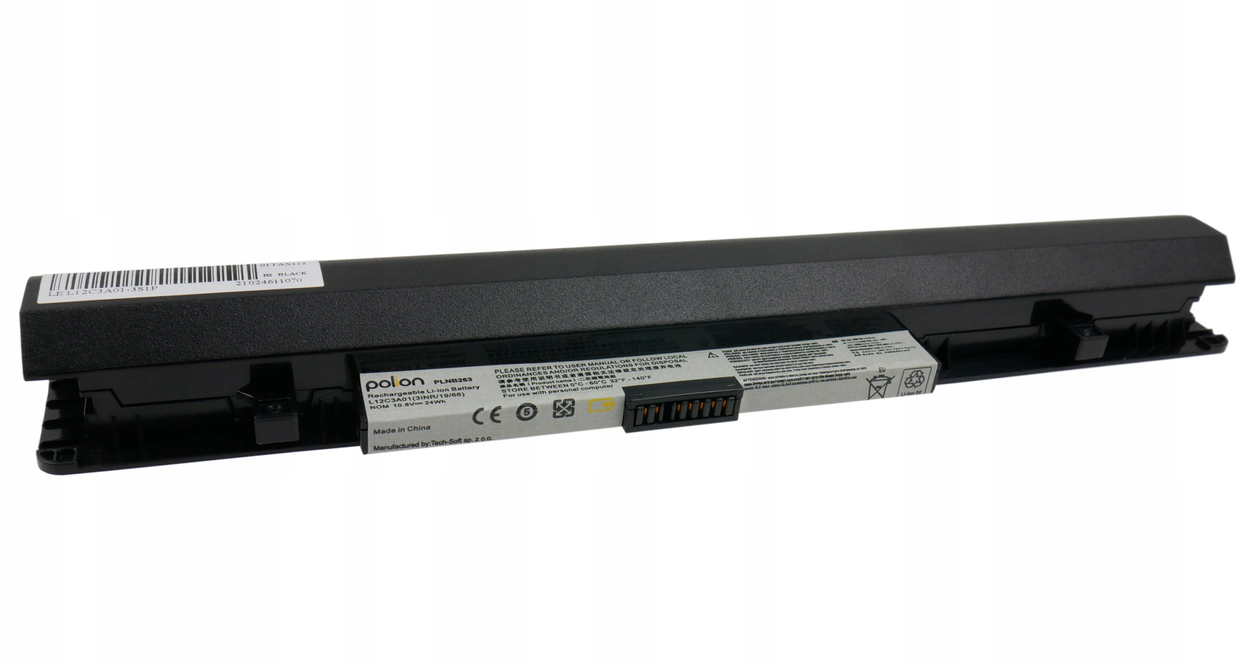 Czarny akumulator do laptopa z etykietami i złączami.