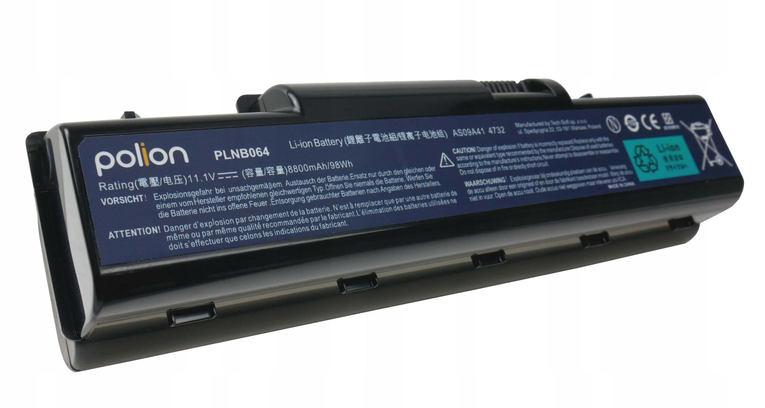 Czarny akumulator Li-ion, model PLNB064, 8800mAh, 11.1V, z etykietami ostrzegawczymi.