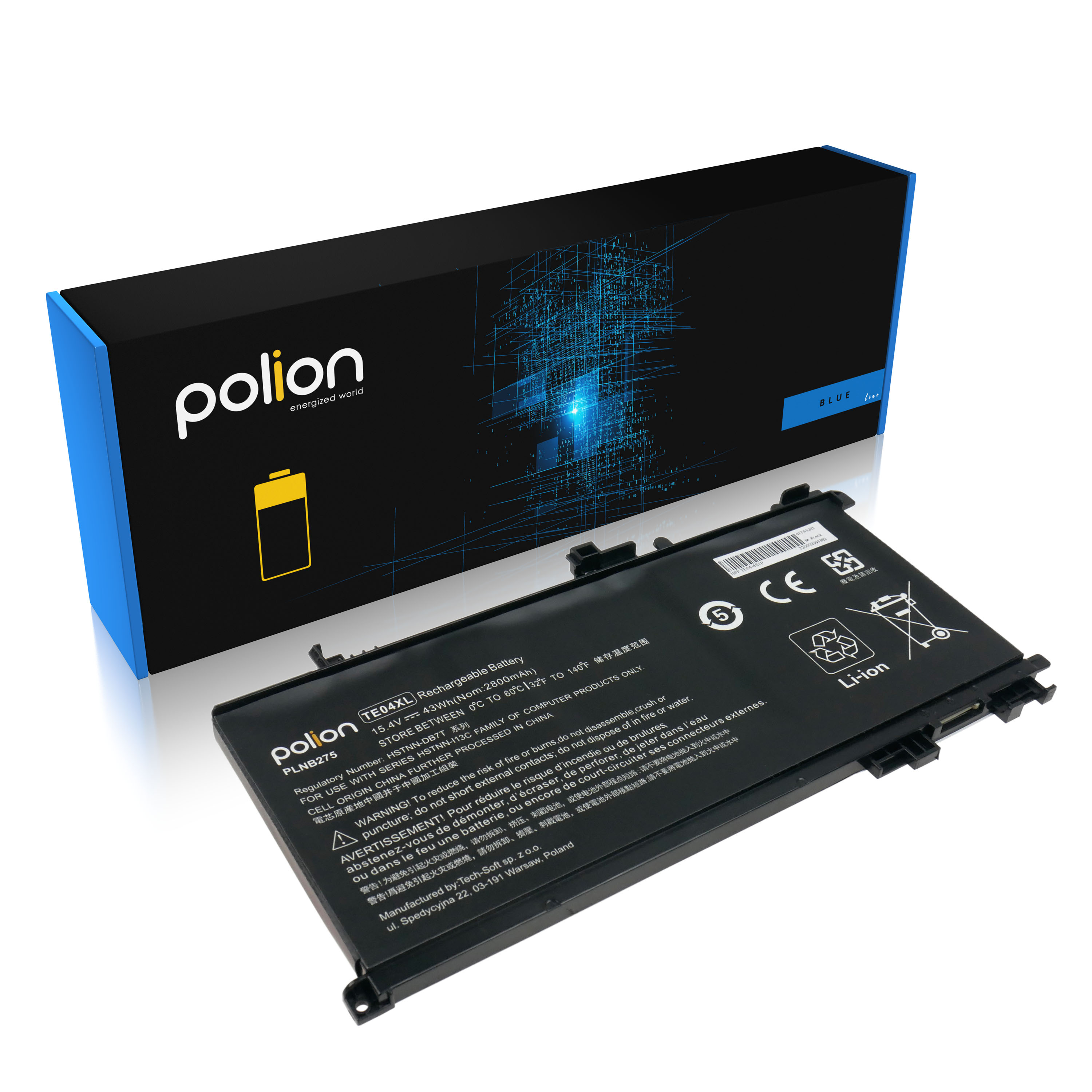 Czarny akumulator do laptopa z logo 'Polion' i etykietami ostrzegawczymi.
