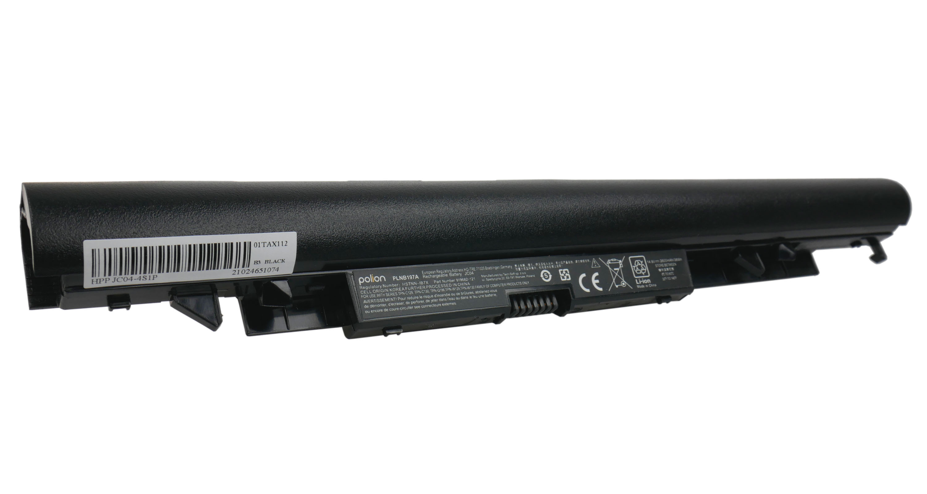 Czarny akumulator do laptopa z etykietami i złączami.