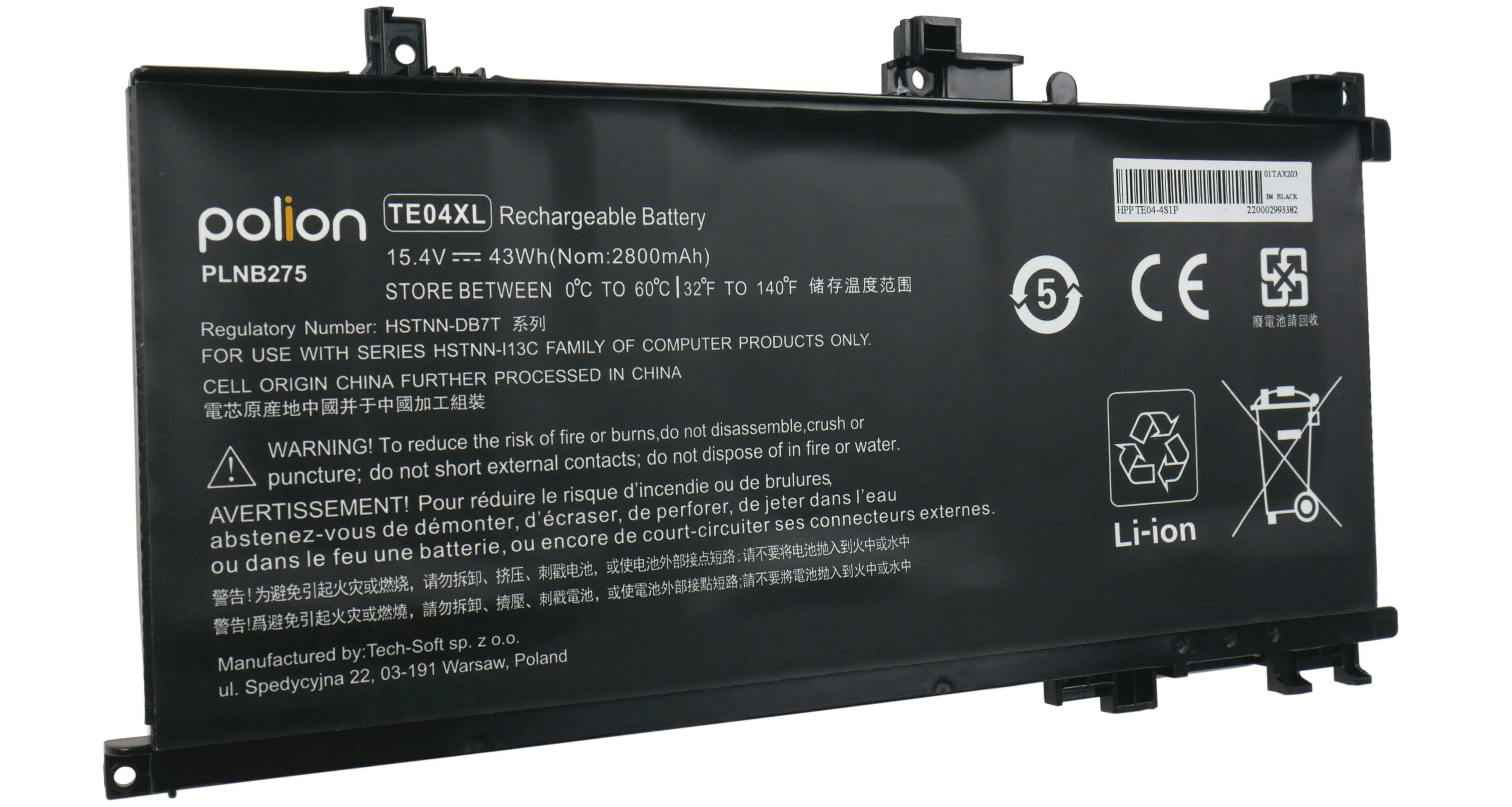 Czarna bateria litowo-jonowa Polion PLNB275. Zawiera ostrzeżenia.