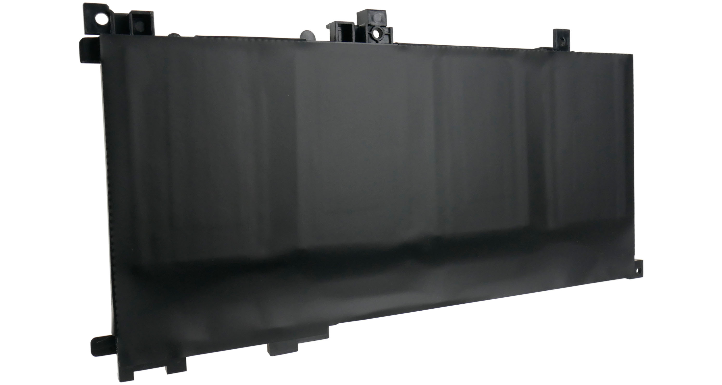 Czarna bateria do laptopa ze złączami na górze i po bokach.