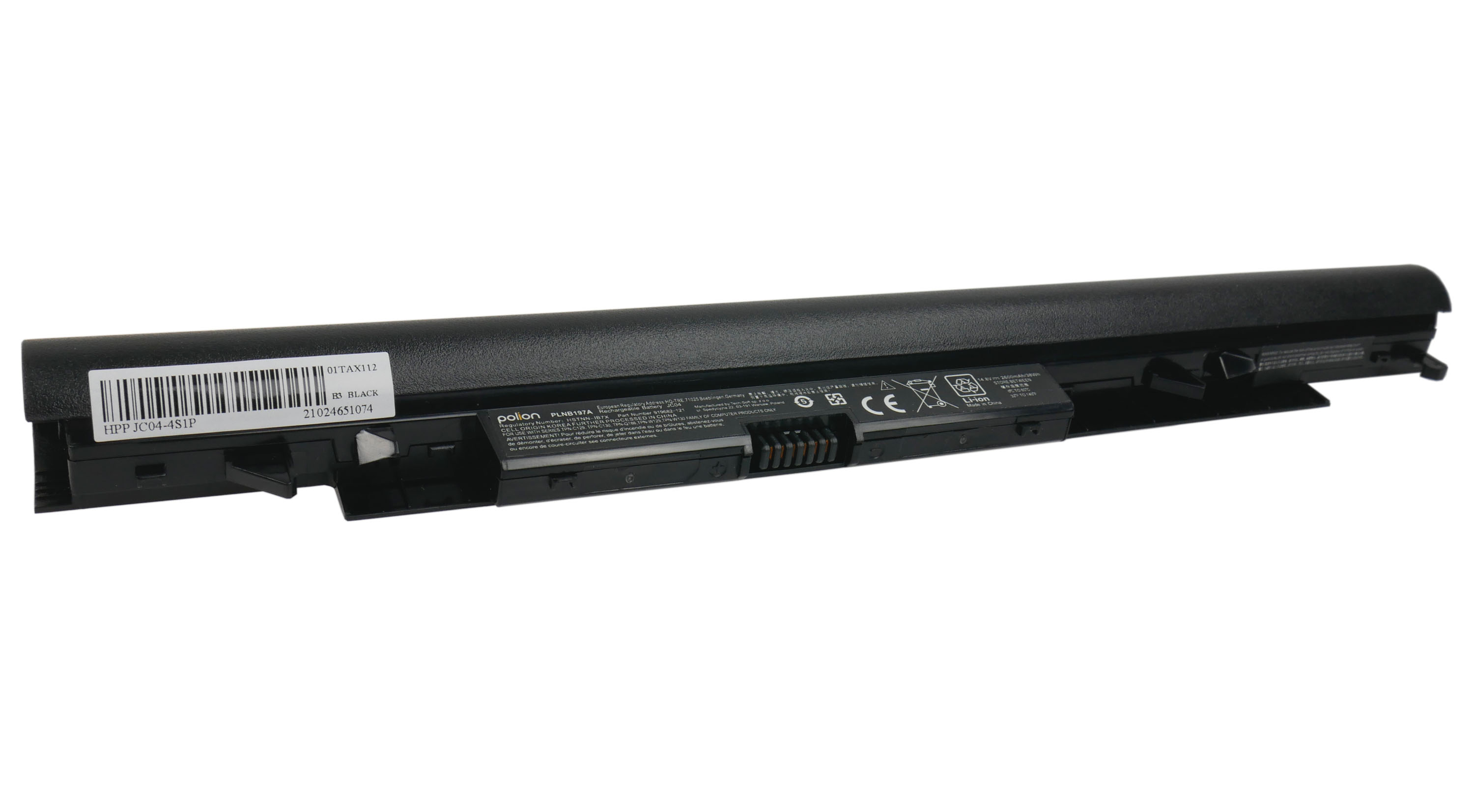 Czarny akumulator do laptopa z etykietą i złączami, model HPP JC04-4S1P.