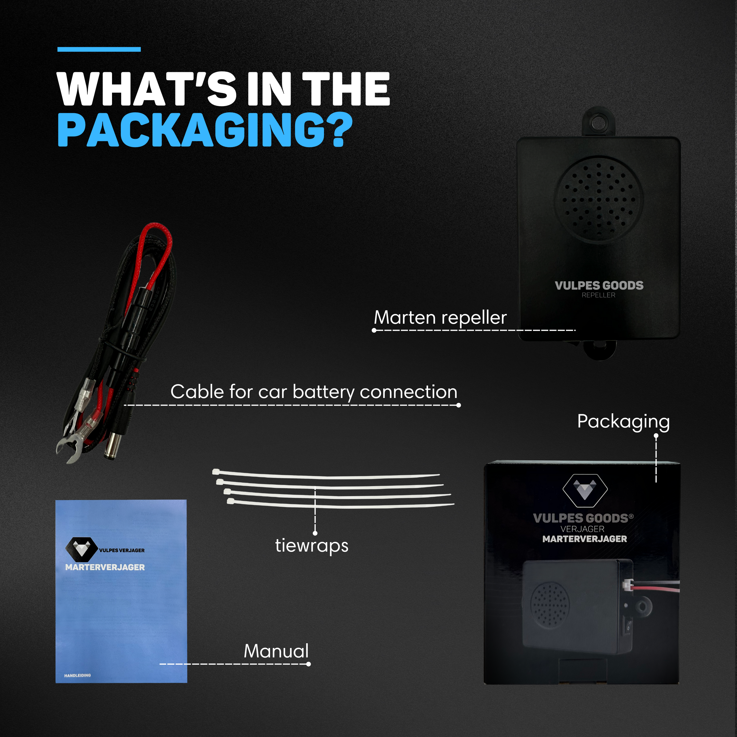 Inhalt der Verpackung: Marten-Abwehrgerät, Kabel, Kabelbinder, Anleitung und Verpackung.