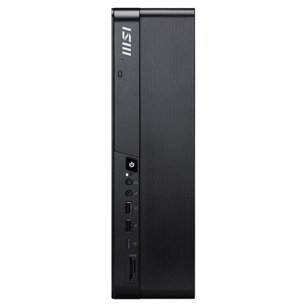 Mini PC MSI nero con pulsante di accensione, porte USB e lettore di schede SD frontali.
